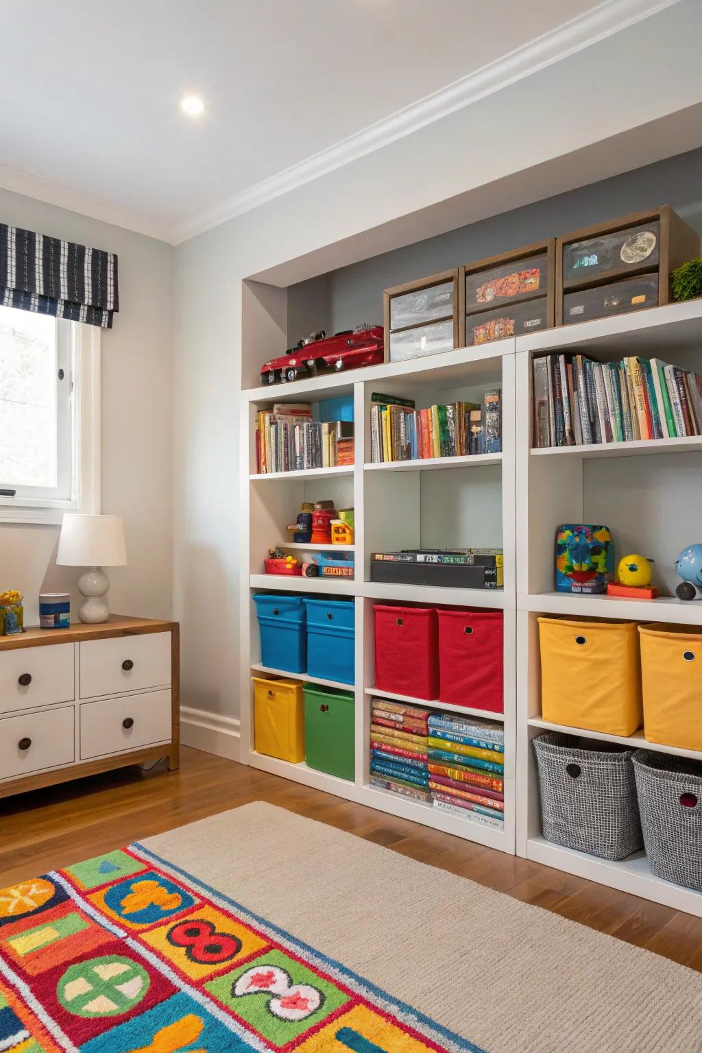 Smart storage solutions that keep the room organized and inviting.