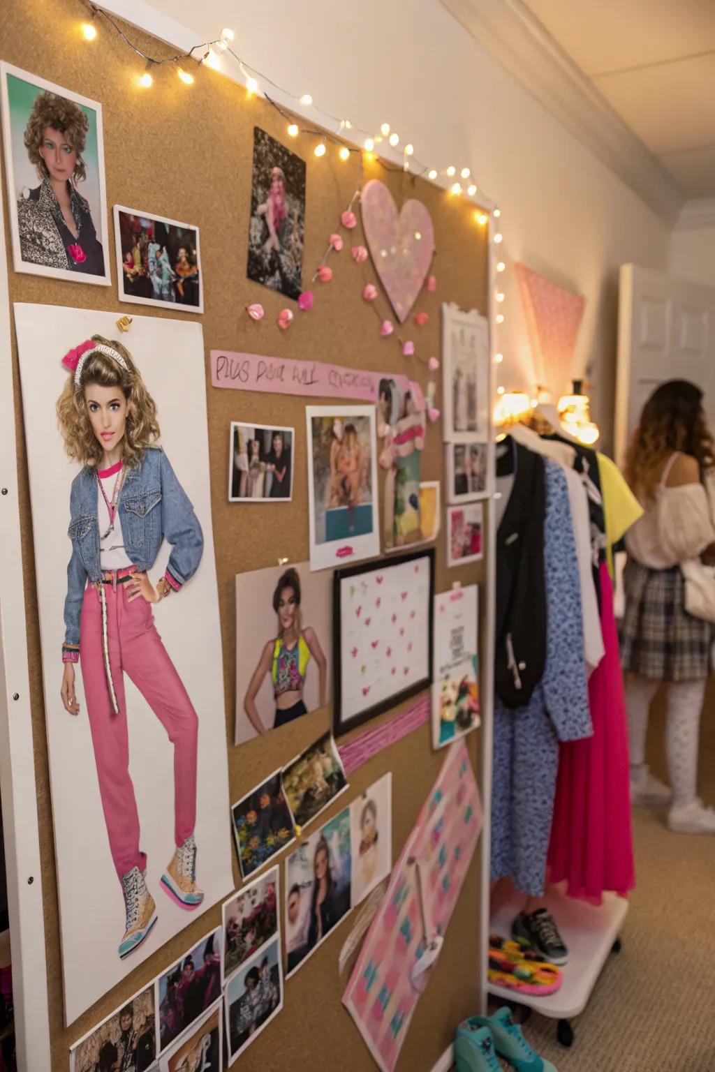 80s fashion cutouts adorning a pinboard in a fashion-inspired setting.
