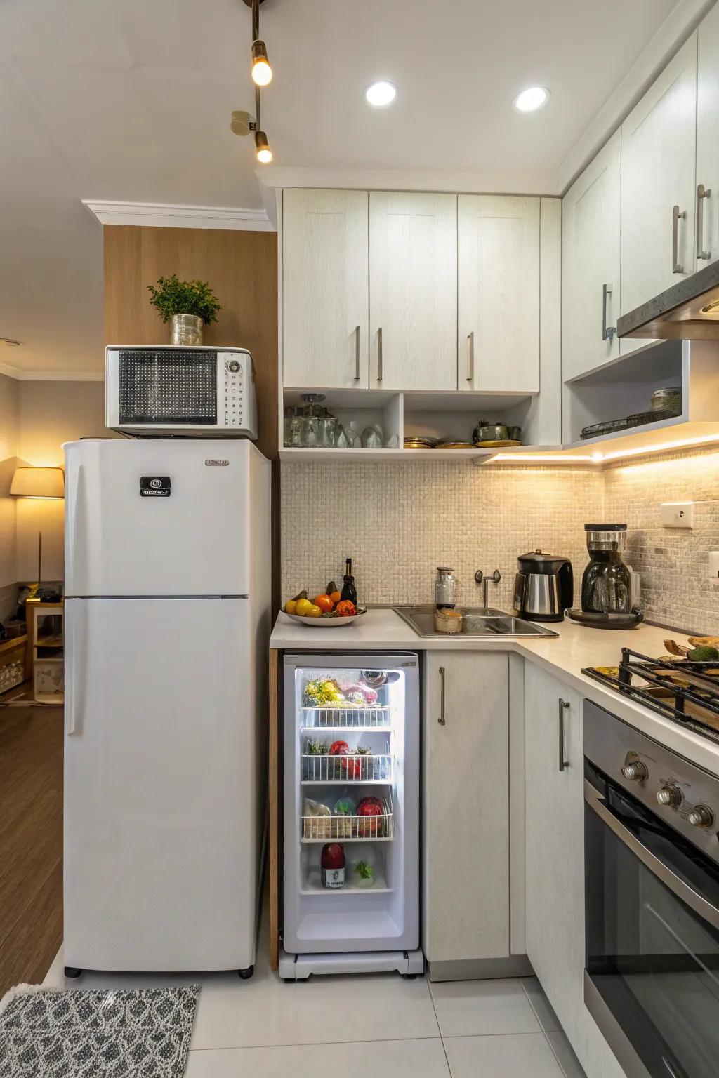 A mini-fridge bestows supplementary cold stowage inside your kitchen.