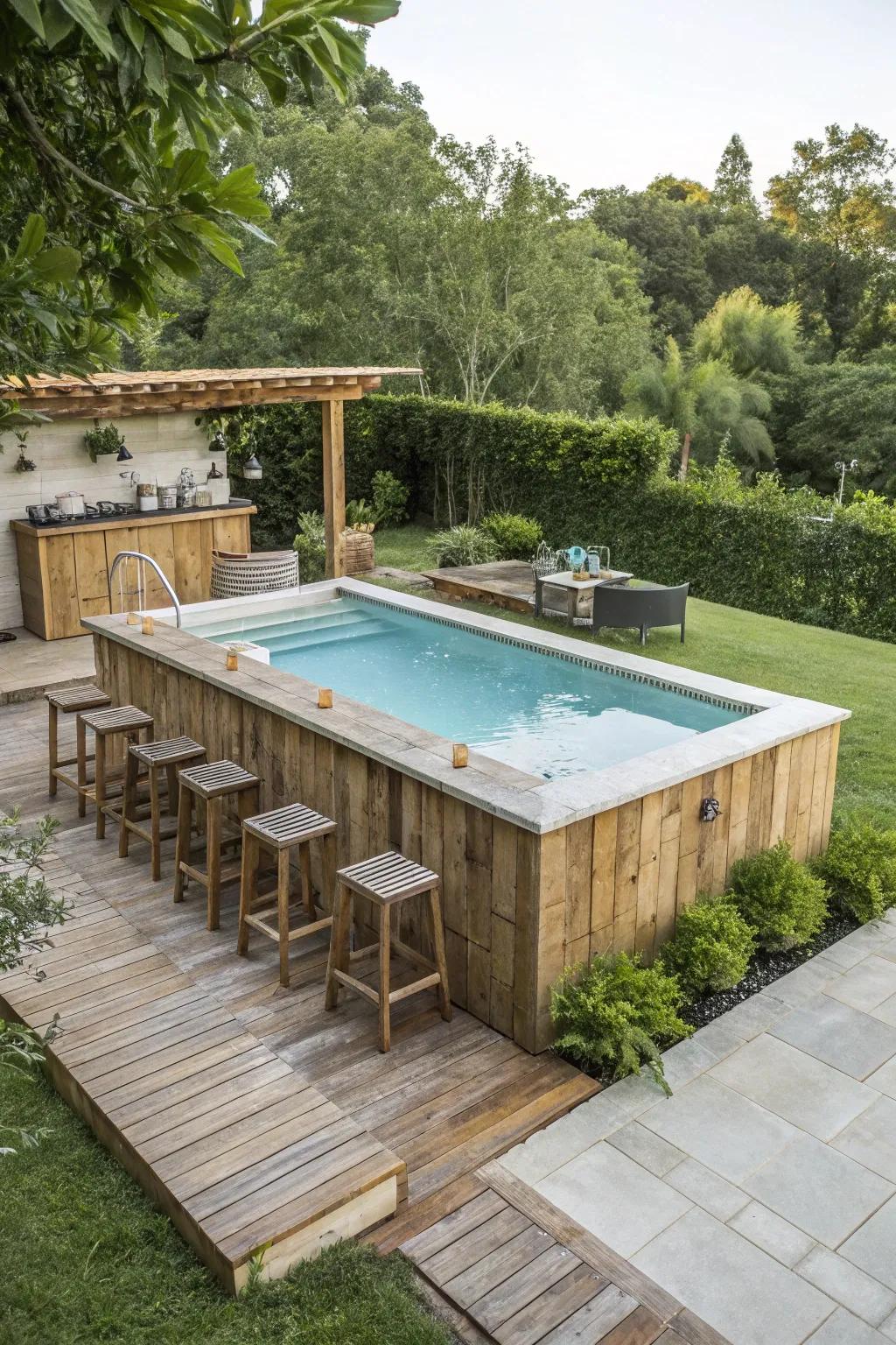 Sustainable materials create a stylish and eco-friendly poolside bar.