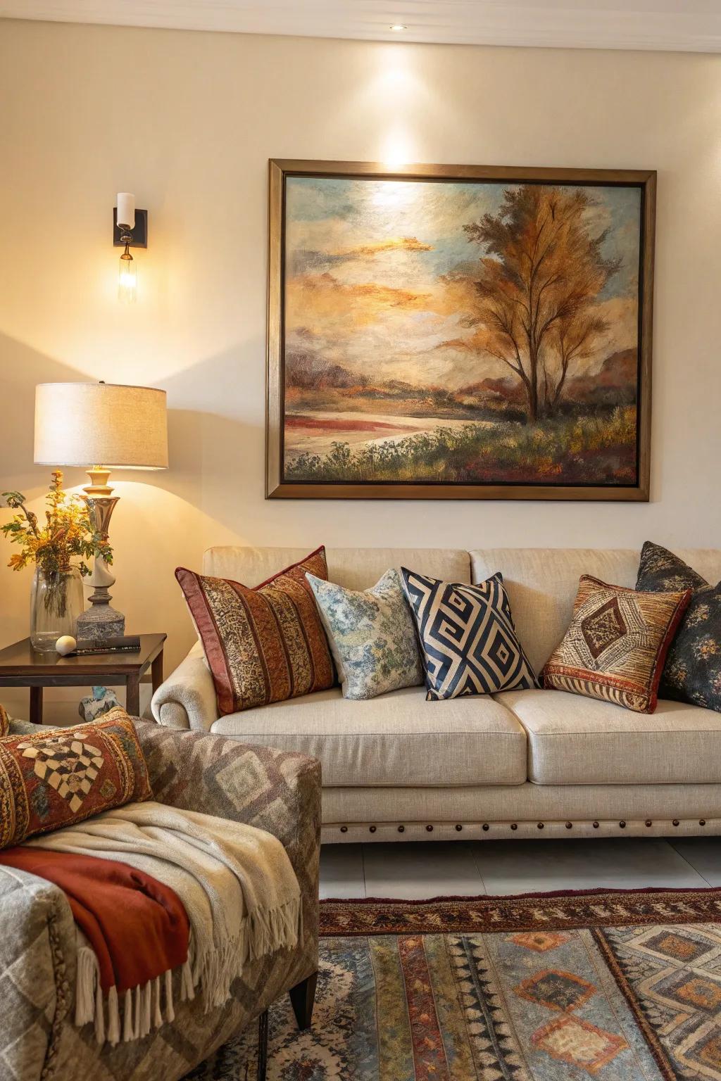 The artwork's impact is enhanced by coordinating décor.