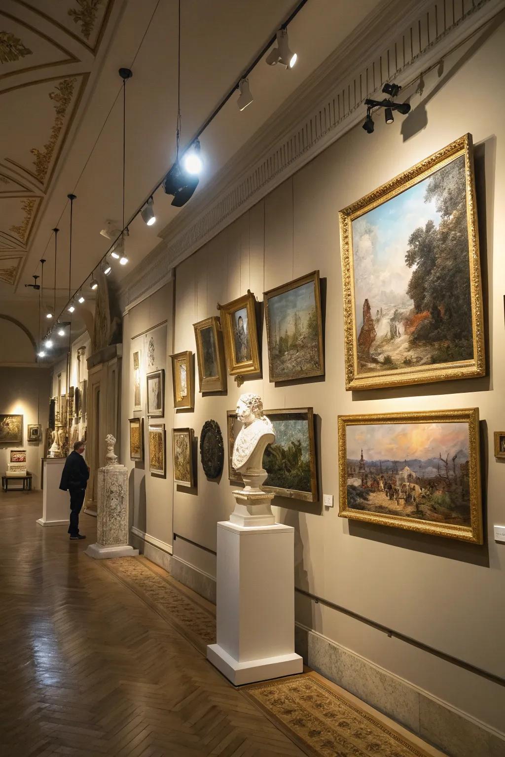 Spotlights make artwork and photos pop on gallery walls.