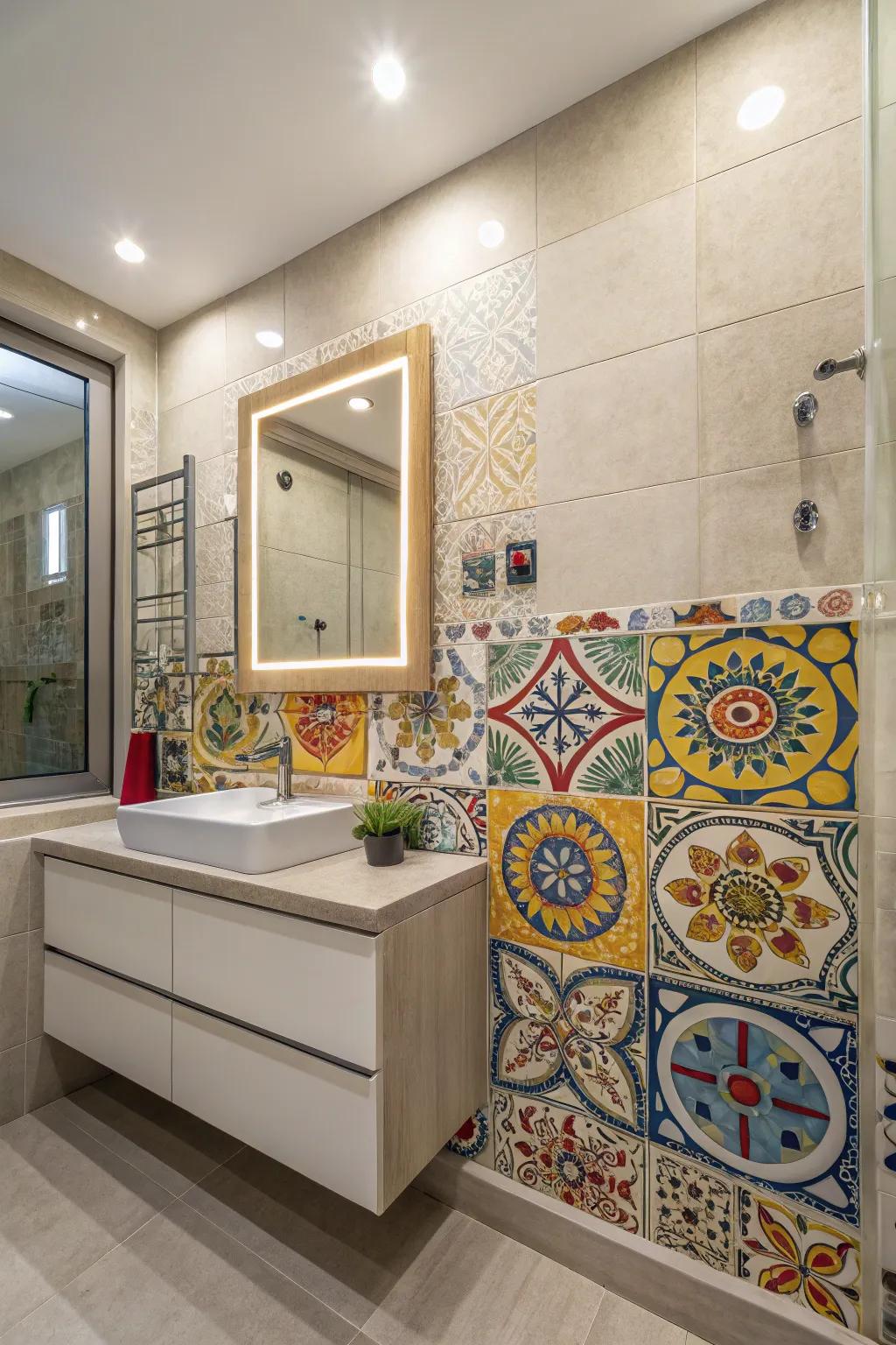 Hand-painted tiles create a unique and artistic focal point.