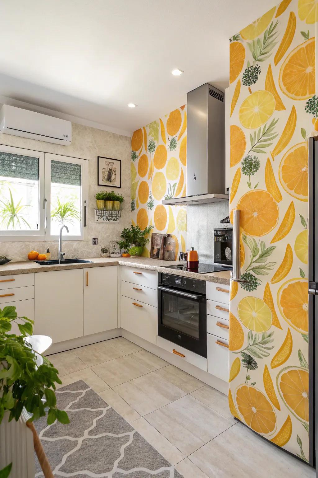 Bright accent wallpaper adds a splash of color to a modern cooking area.