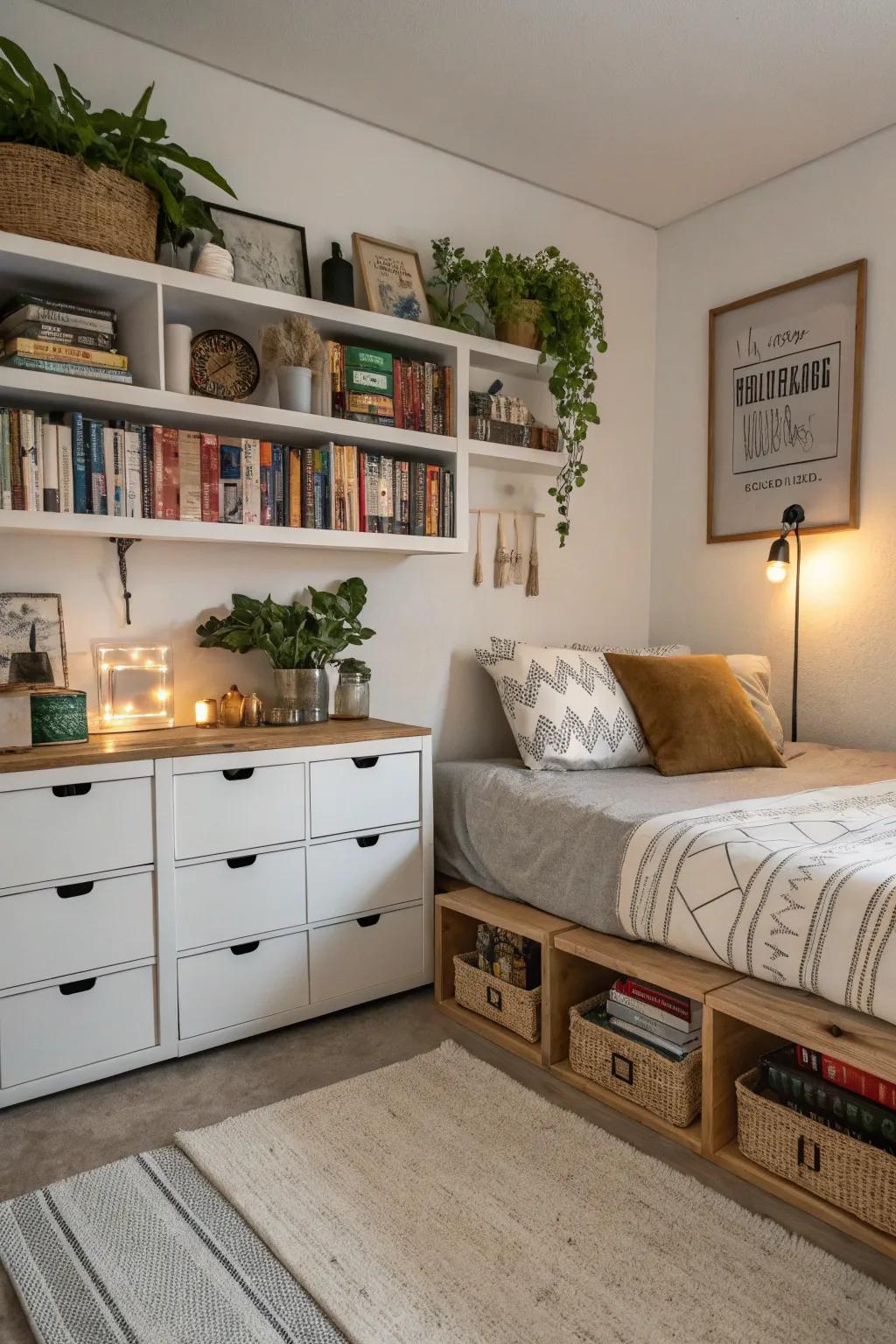 Clever storage solutions ensure a well-organized and clutter-free environment.