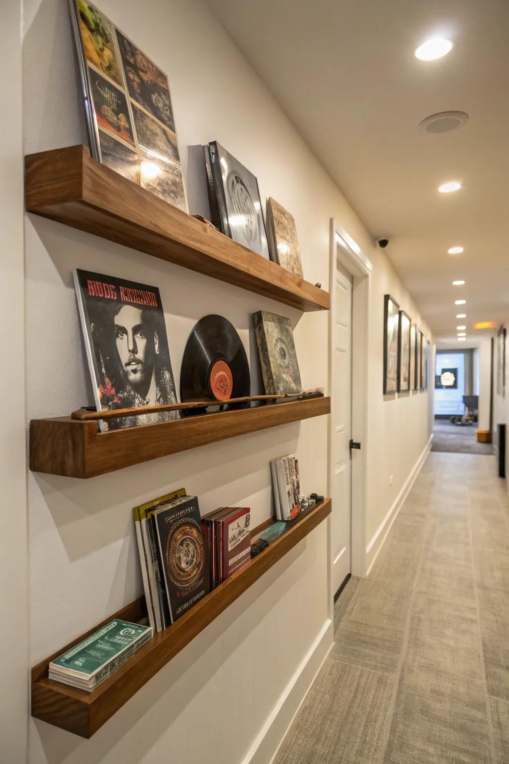 Floating shelves displaying vinyl records like pieces of wall art.