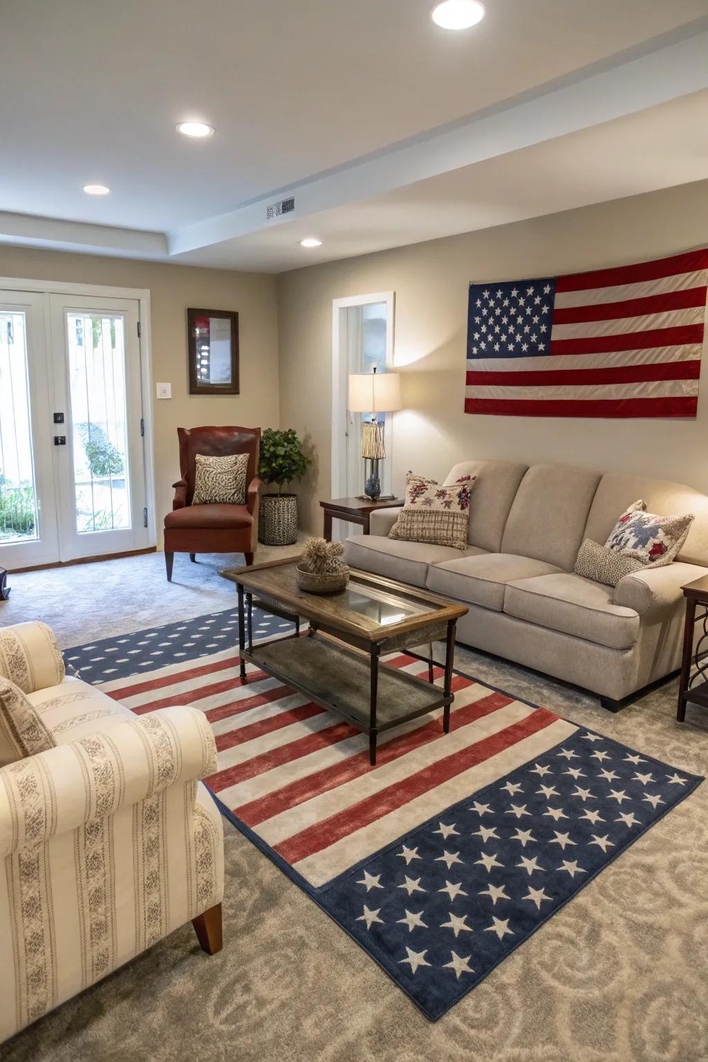 This contemporary living space gains subtle character from a floor covering with a Stars and Stripes theme.