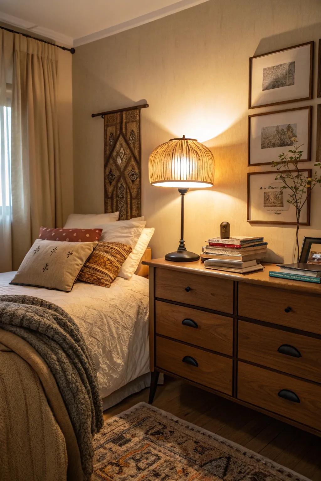 An apartment bedroom bathed in the soft glow of warm lighting from a table lamp.