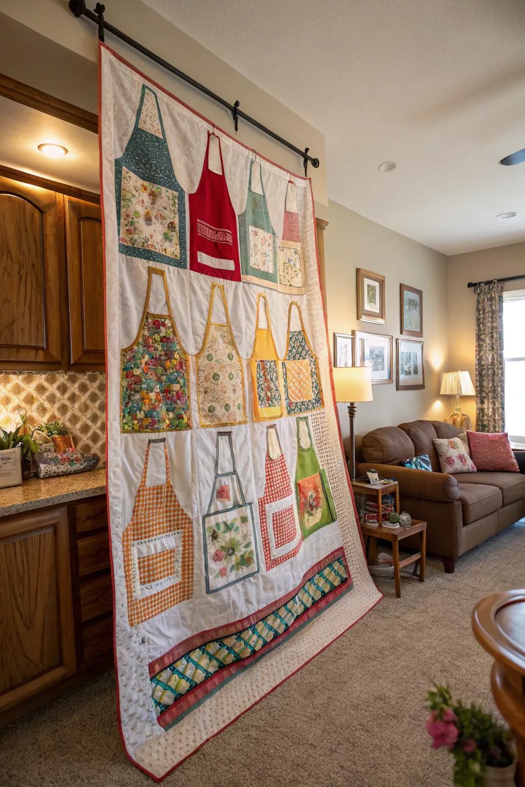 Create a sewn wall art piece from aprons for a personal touch.