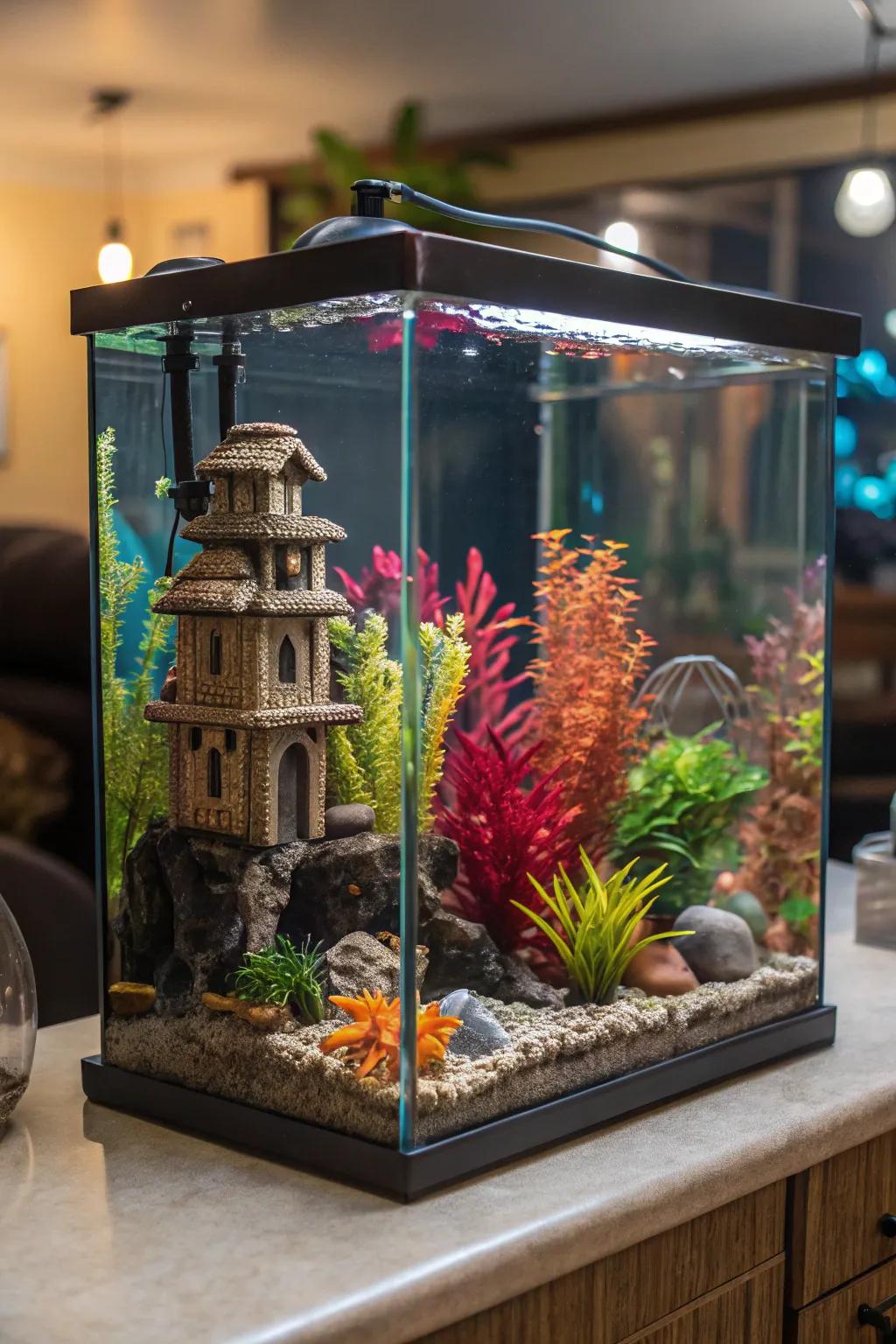 A vibrant fusion of flora and display enhances the tank&rsquo;s vibrancy.