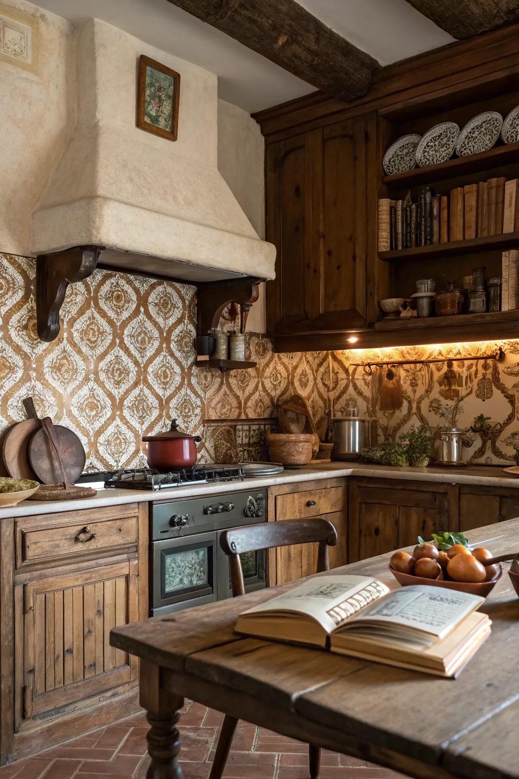 A rustic kitchen featuring arabesque tiles in earthy tones, adding natural charm.
