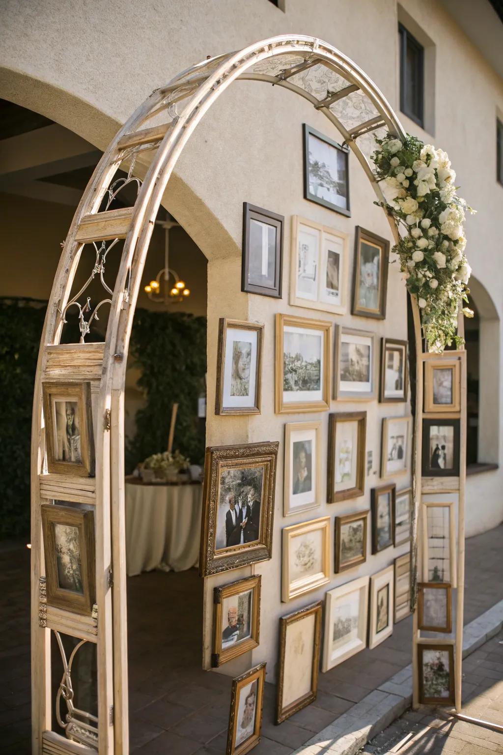 A creative arch embellished with antique picture frames lends a nostalgic highlight.
