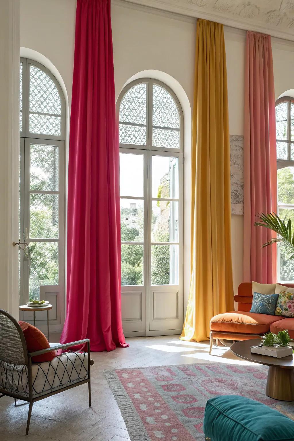 A vibrant, contemporary room showcases boldly colored hangings on arched windows, producing an energetic atmosphere.
