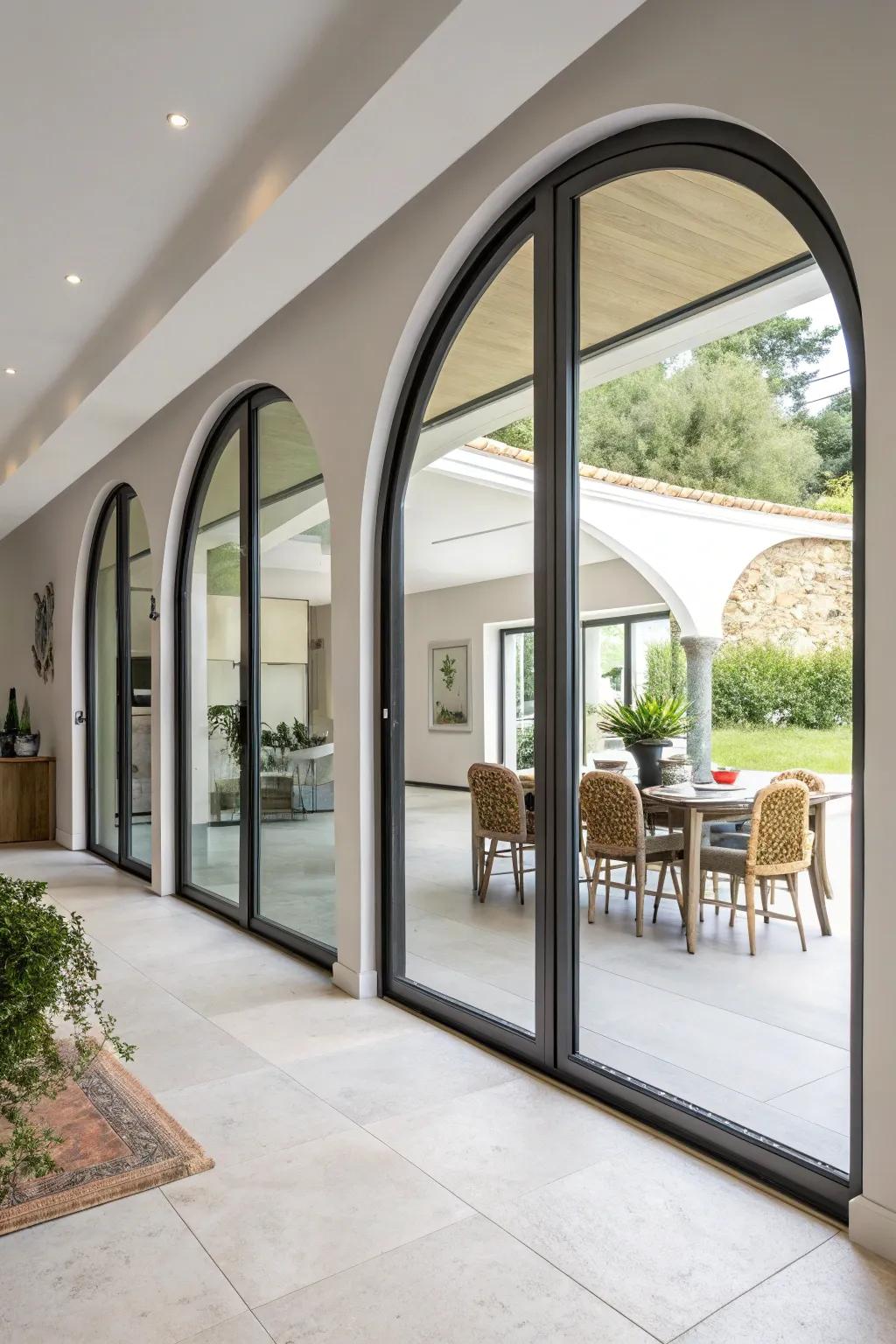 Innovative sliding gates perfectly adapted to arched openings in a contemporary space.