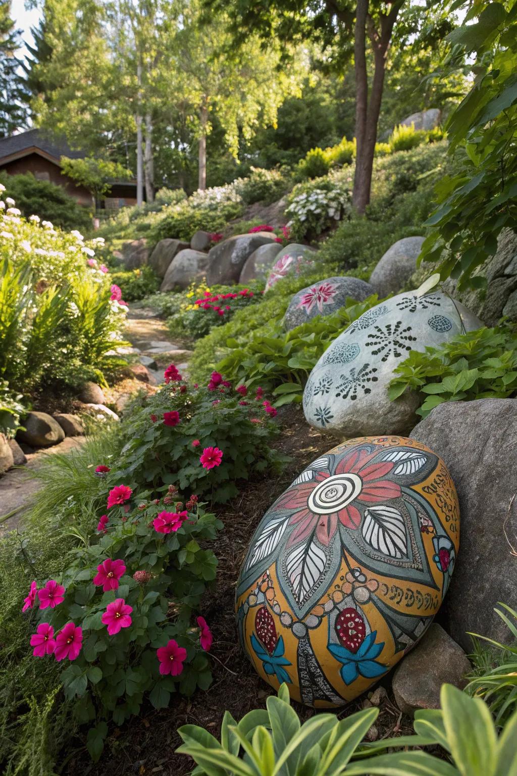 Painted stones showcasing metallic motifs impart a whimsical and artistic touch to this garden.