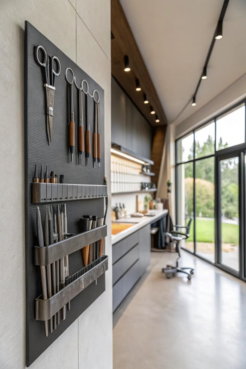 Magnetic strips keep metal tools organized and accessible.