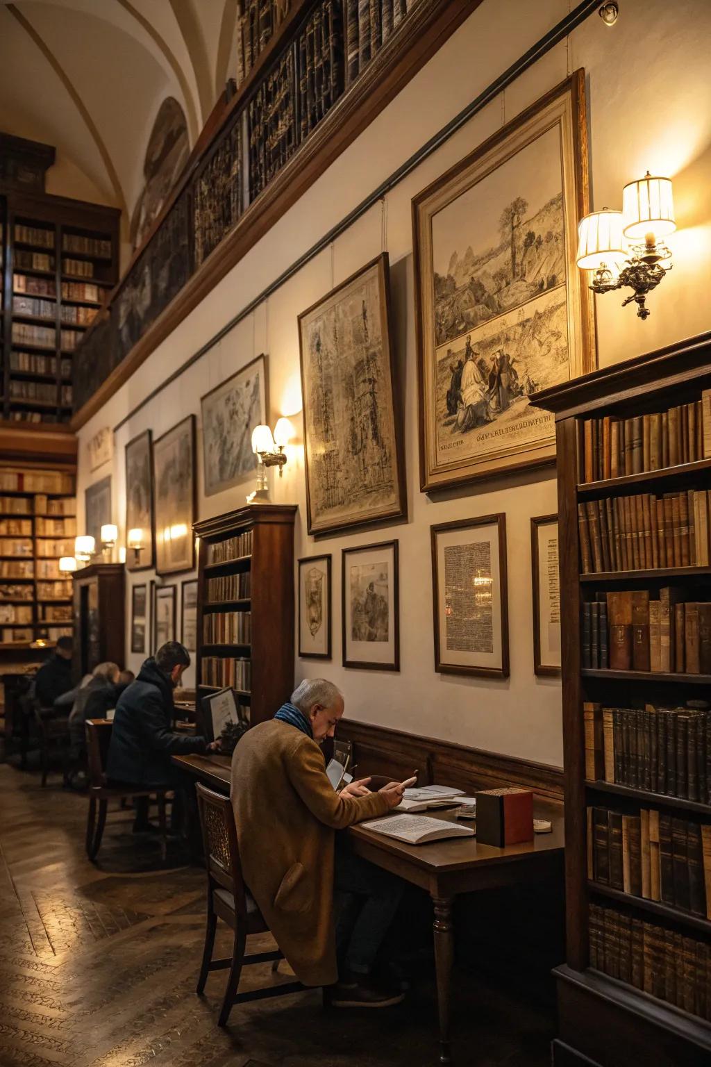 Historical-themed visuals add depth to this welcoming reading room.