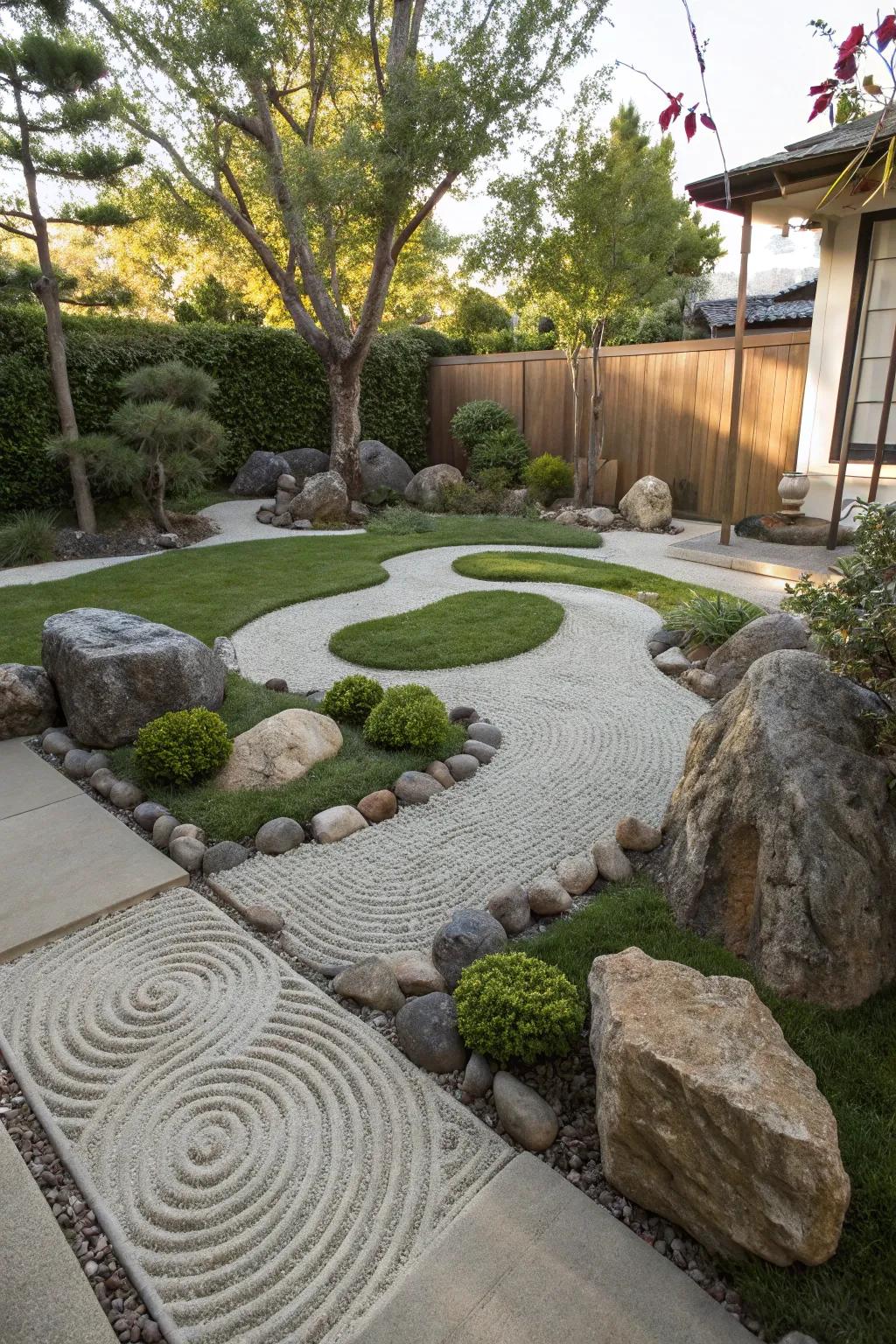 A serene Zen garden with lush artificial grass.