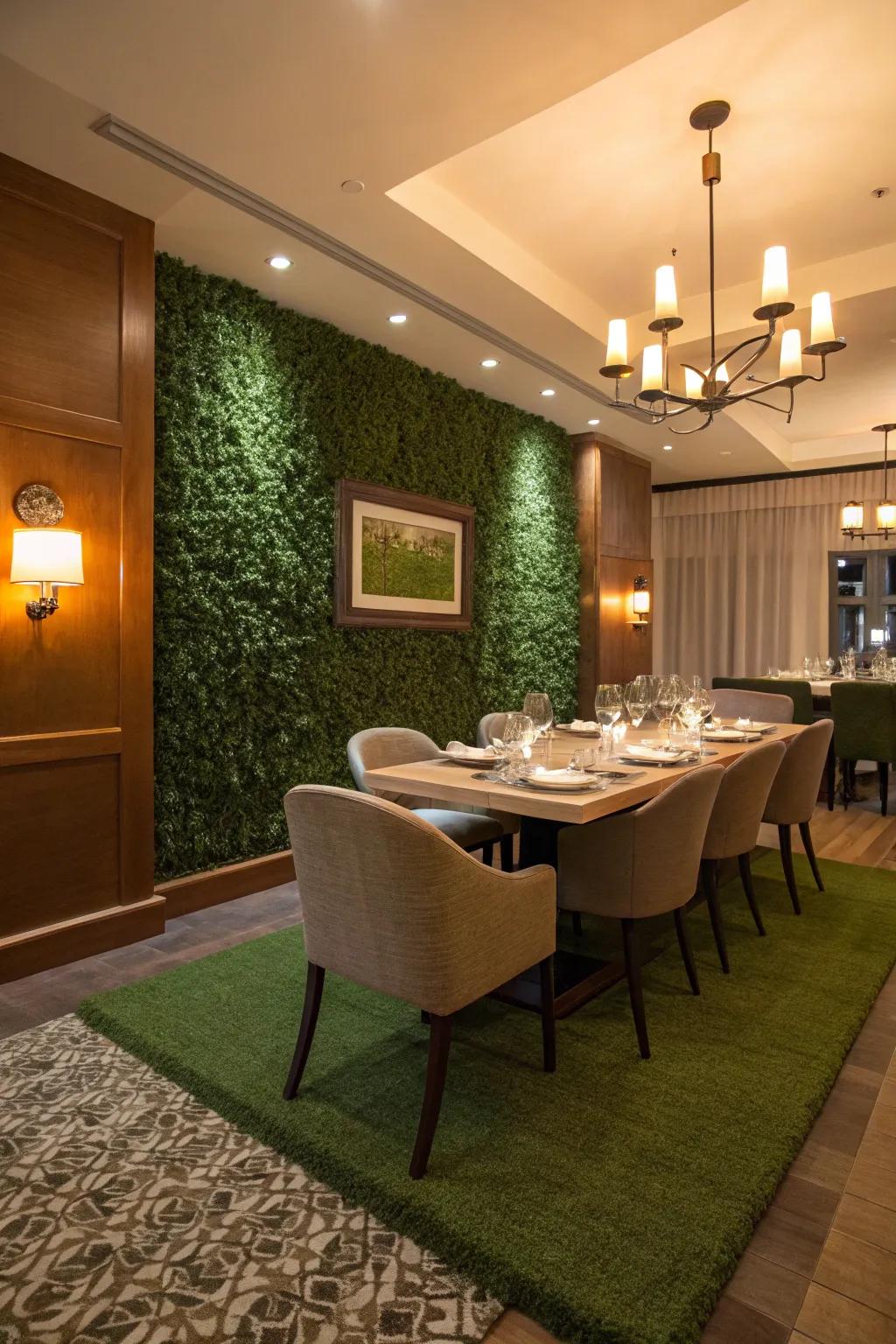 A dining room brought to life by the elegance of an artificial grass wall.