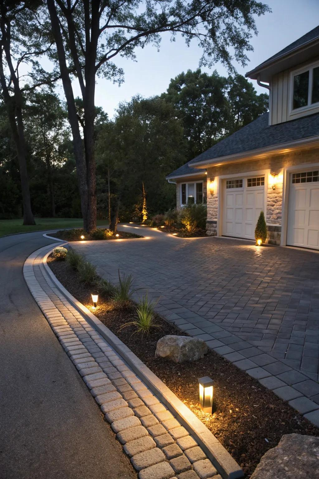 Integrated lighting within the paver borders adds a warm, welcoming glow to this driveway.