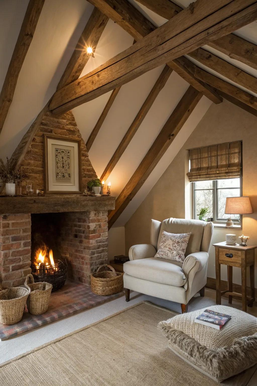 A country-style fireplace serves as the ideal focal point for a cozy attic bedroom.