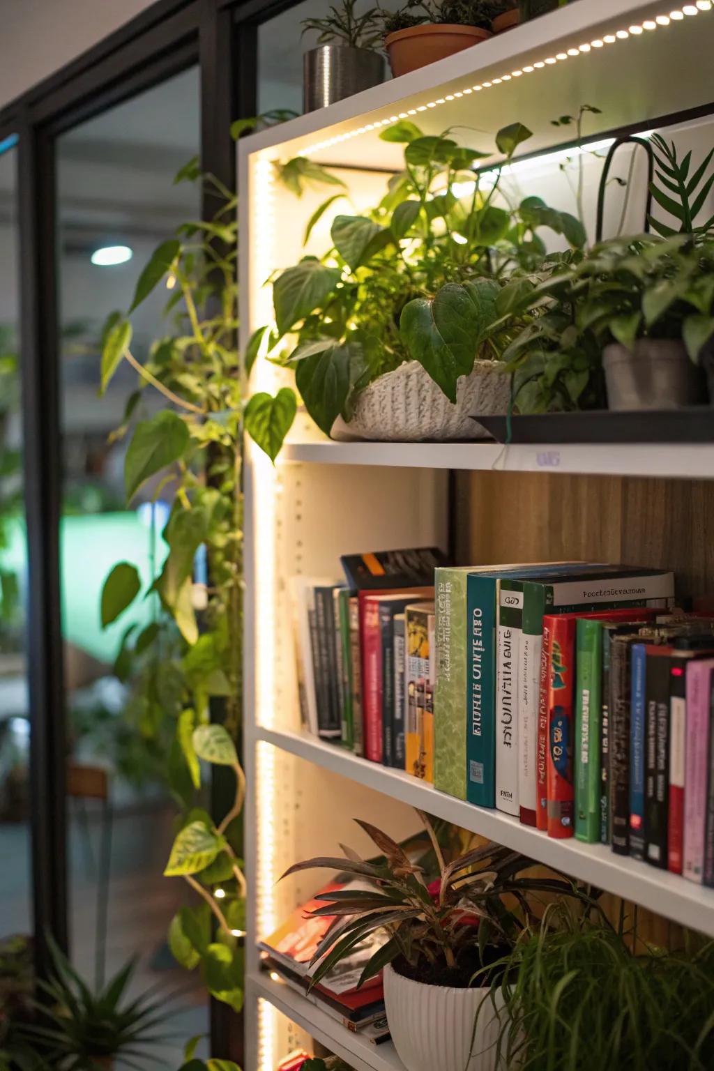A bookshelf garden featuring integrated lights, beautifully integrating books and plants.