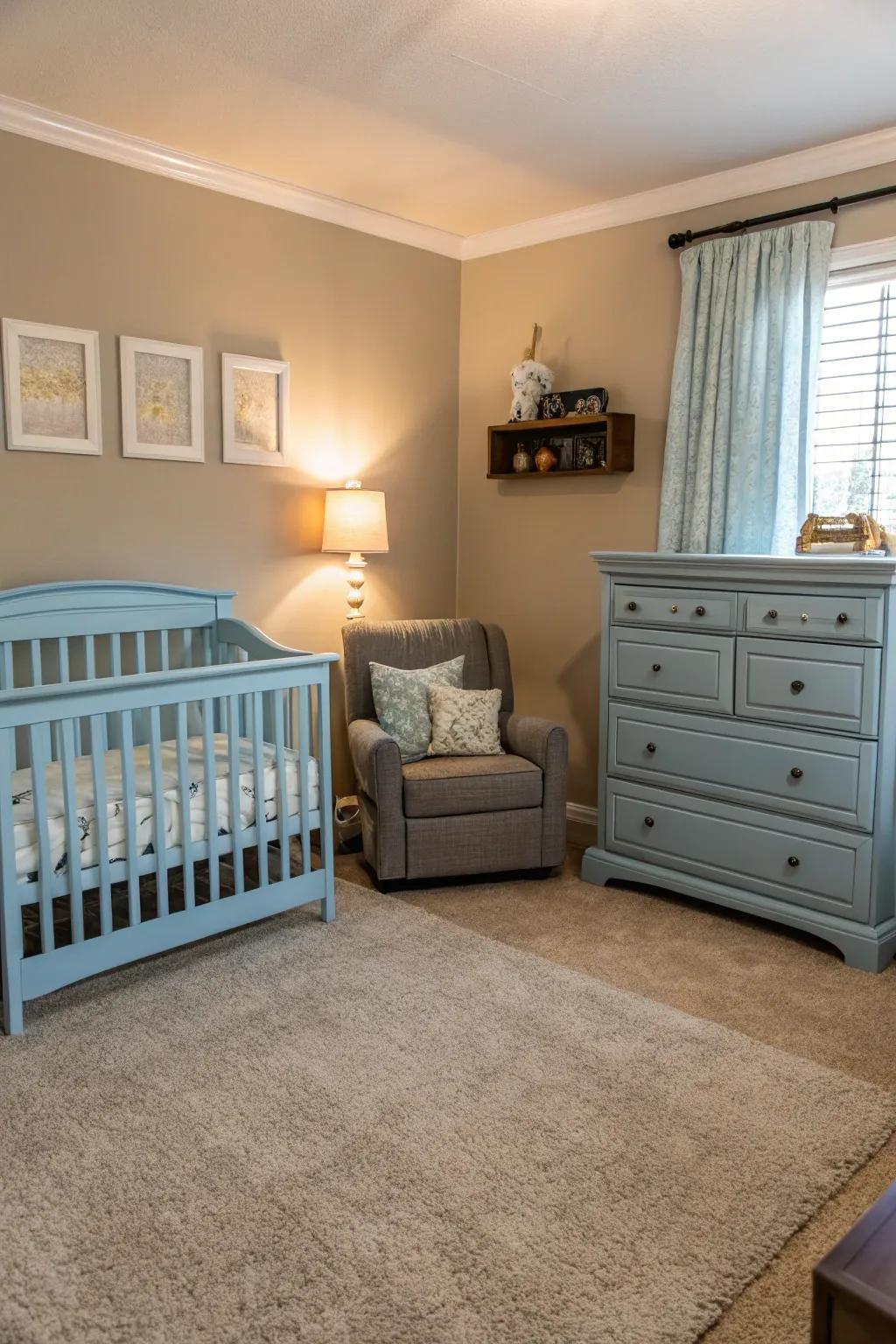 Sky blue furniture contributes a subtle pop of color to a serene bedroom.
