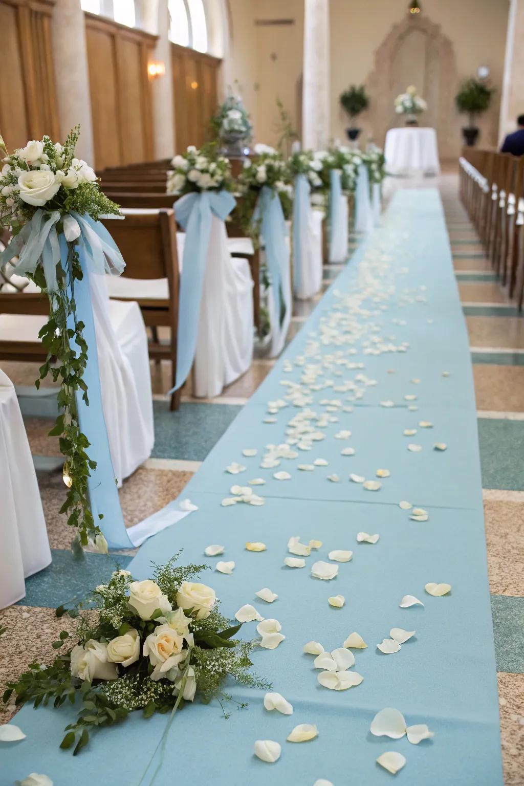 A gentle sky walkway carpet establishes a romantic path for the ceremony.