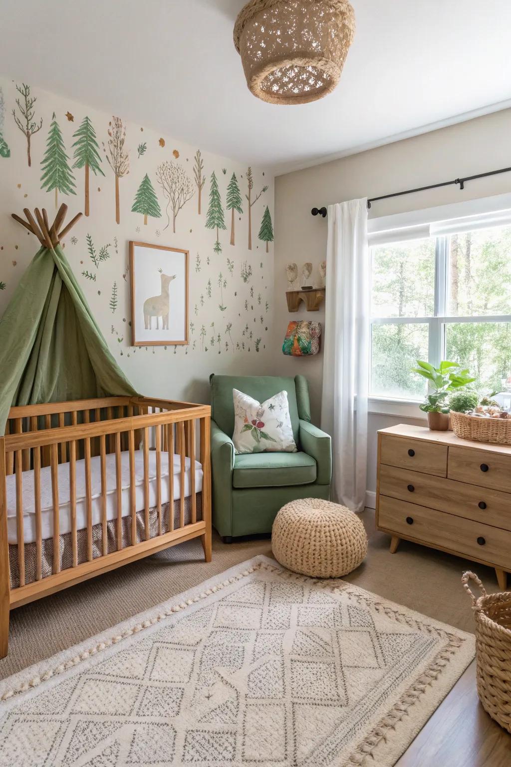 A forest-themed room with earth tones and forest animals.