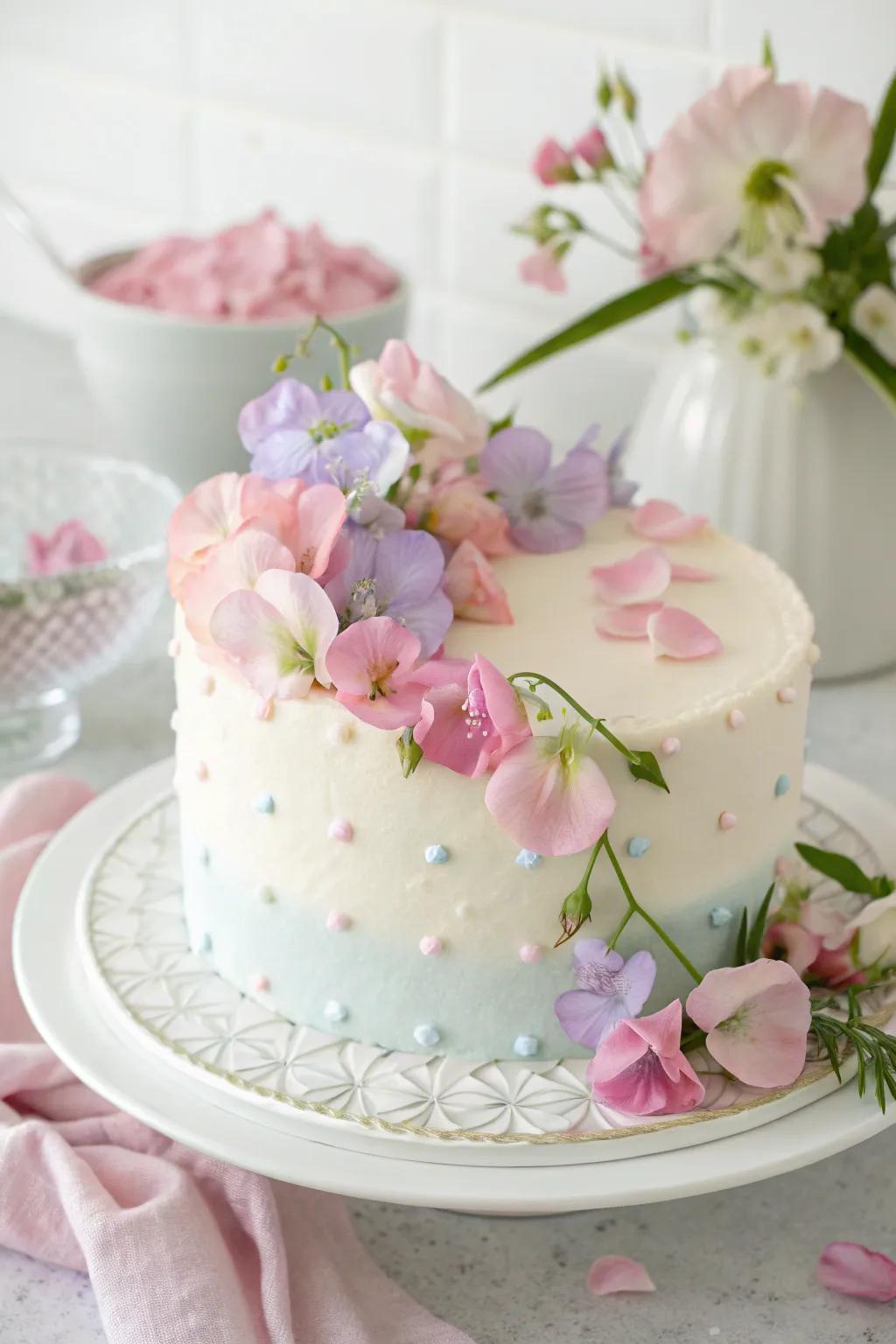 A simple yet elegant cake with sweet pea flowers for a baby boy shower.