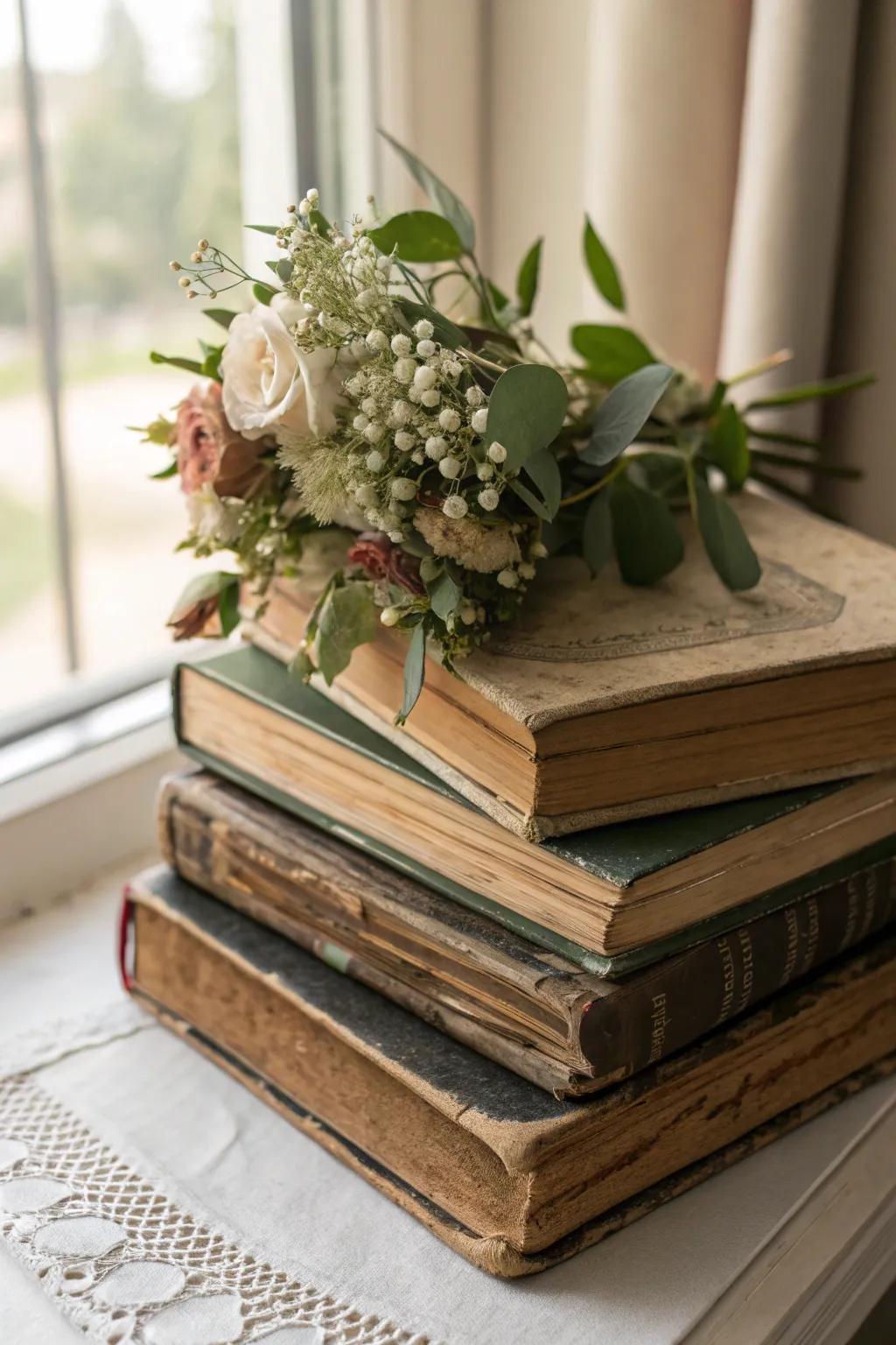 Story-themed centerpiece with aged books and florals.