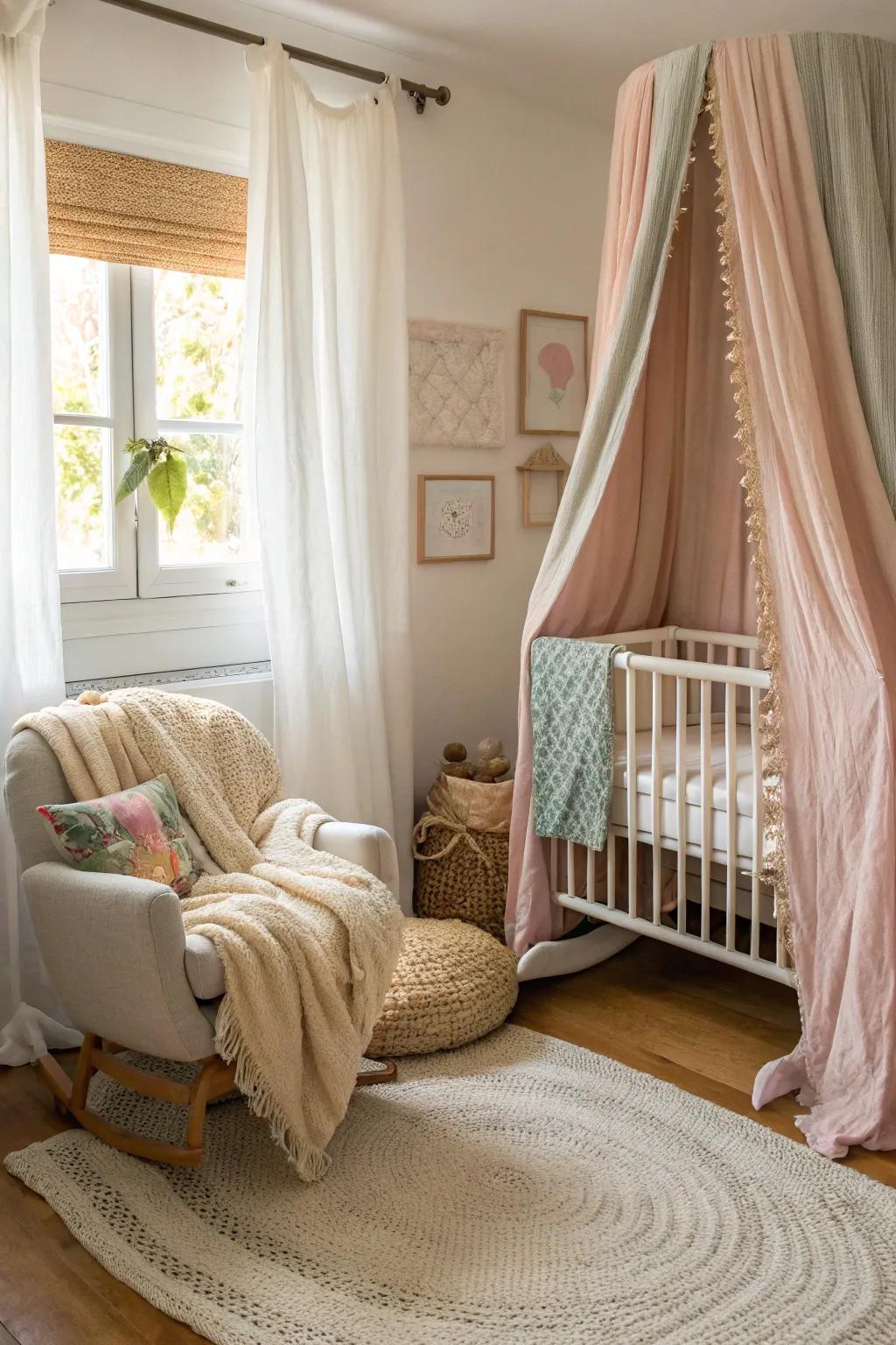 Layered textiles fashion a snug and welcoming space.