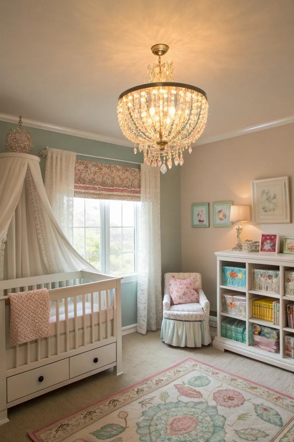 A chandelier adds a touch of elegance and soft light.