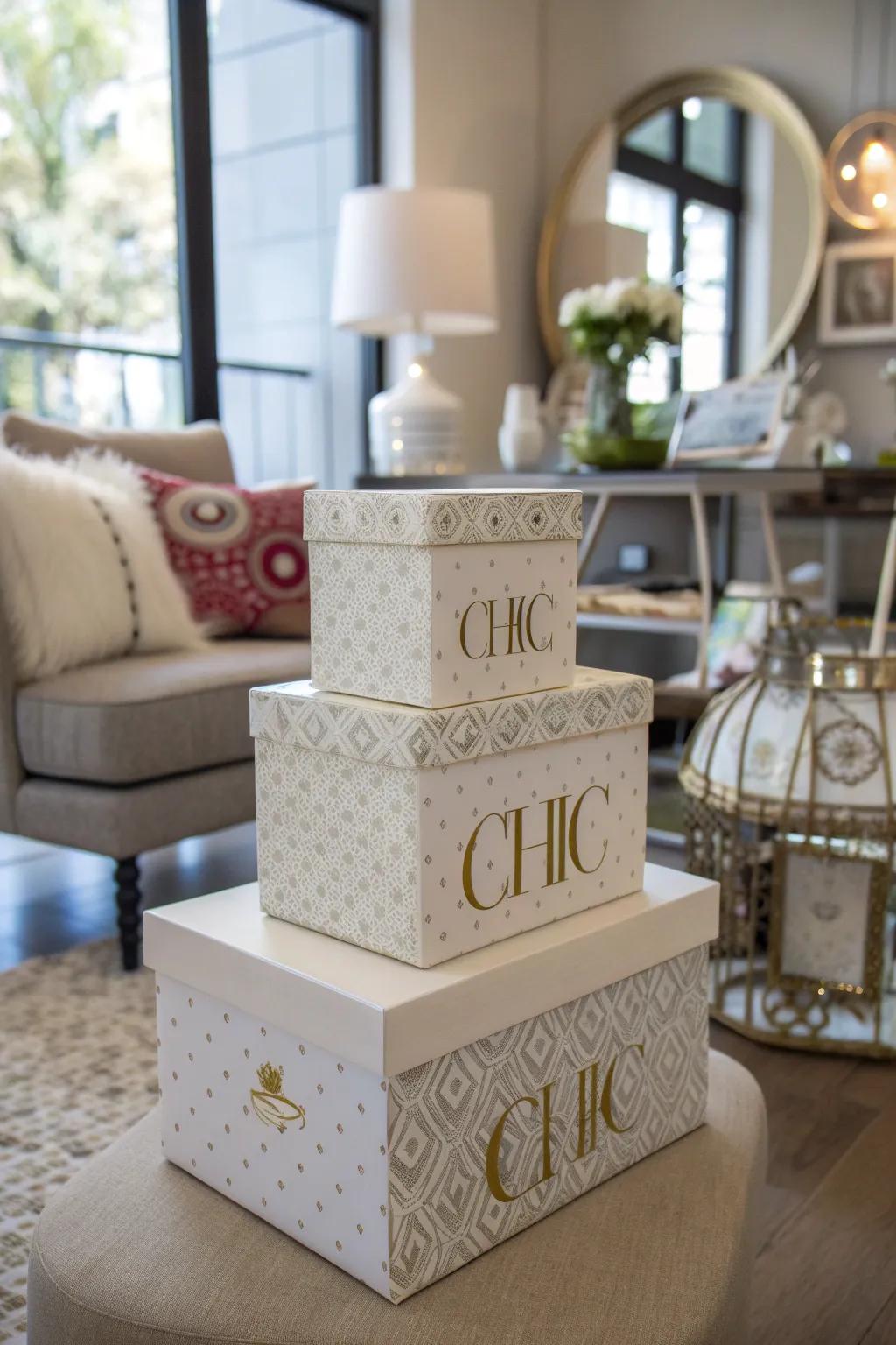 Decorative boxes add an elegant and contemporary twist to the scene.