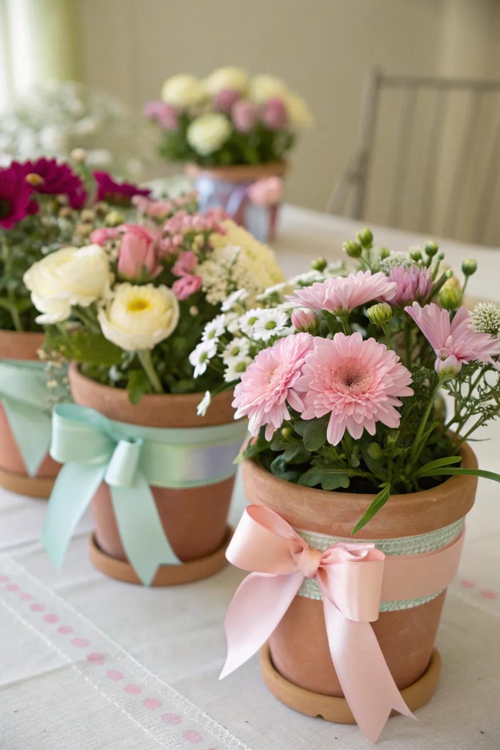 Vases filled with blossoms featuring strips present a rejuvenating, exquisite essence.
