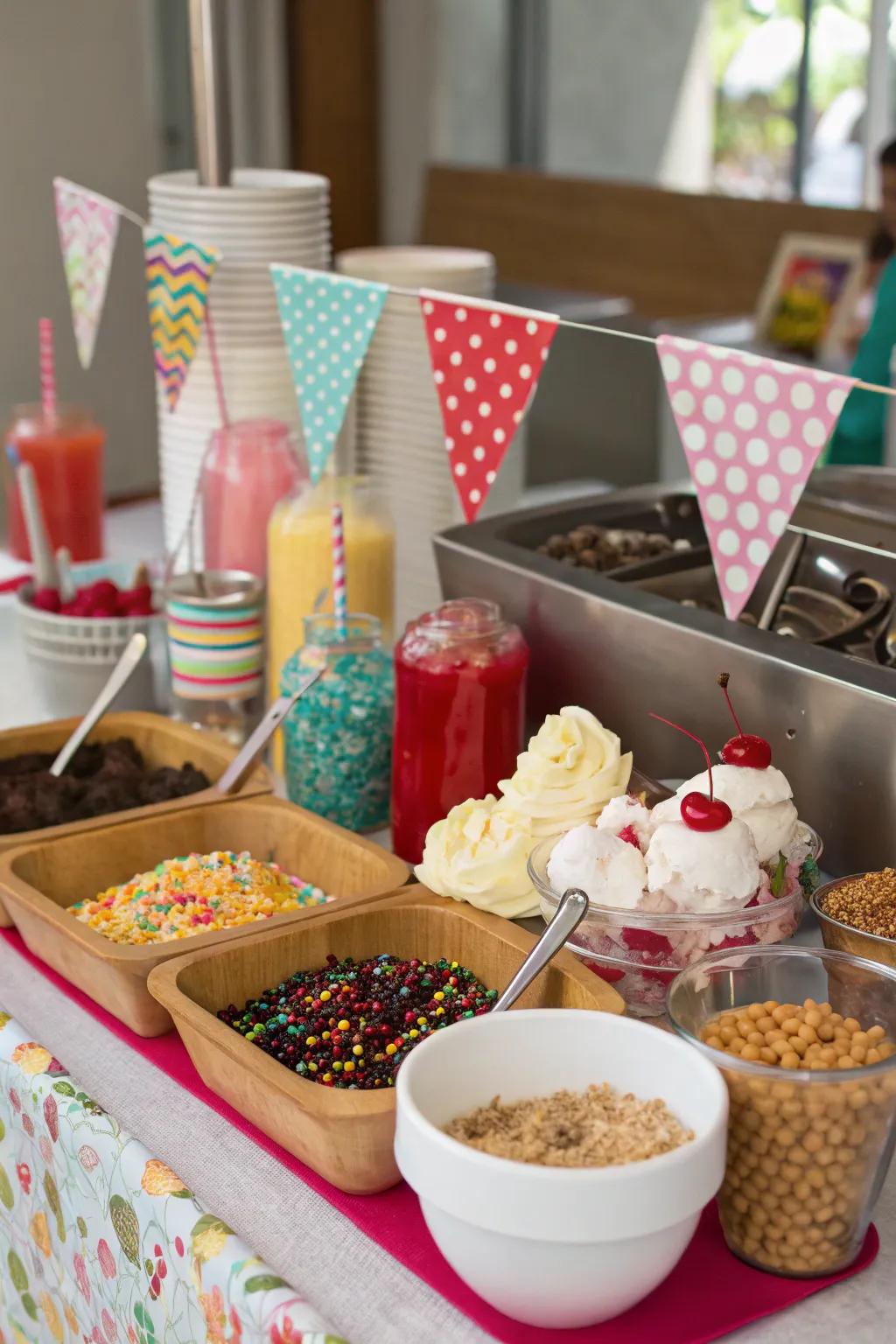 An frozen cream creation station featuring a variety of toppings.