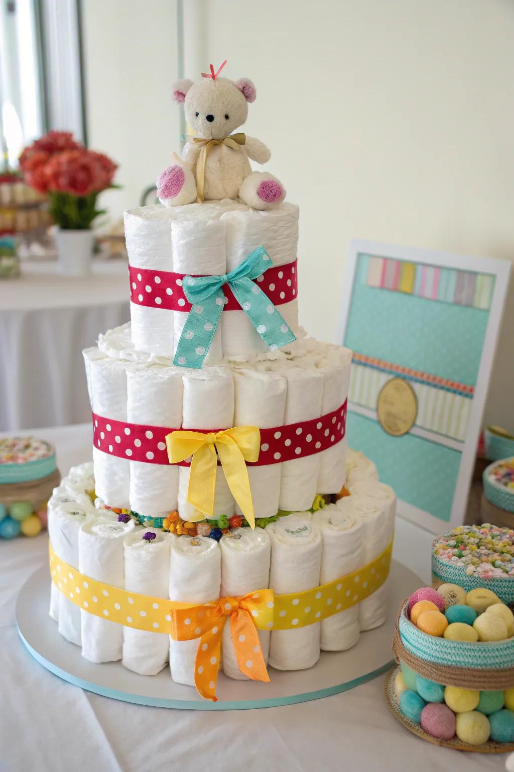 A practical and decorative diaper cake, perfect for any baby shower.