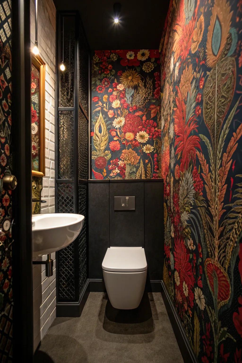 A striking accent wall introducing drama to the bathroom.