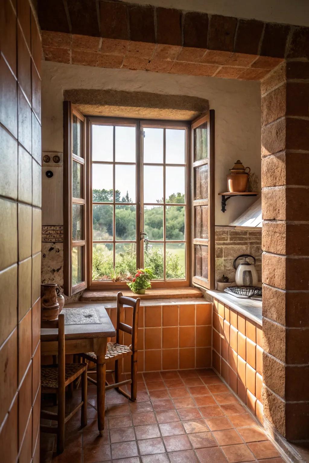 Earthen clay tiles bringing warmth around a kitchen window.