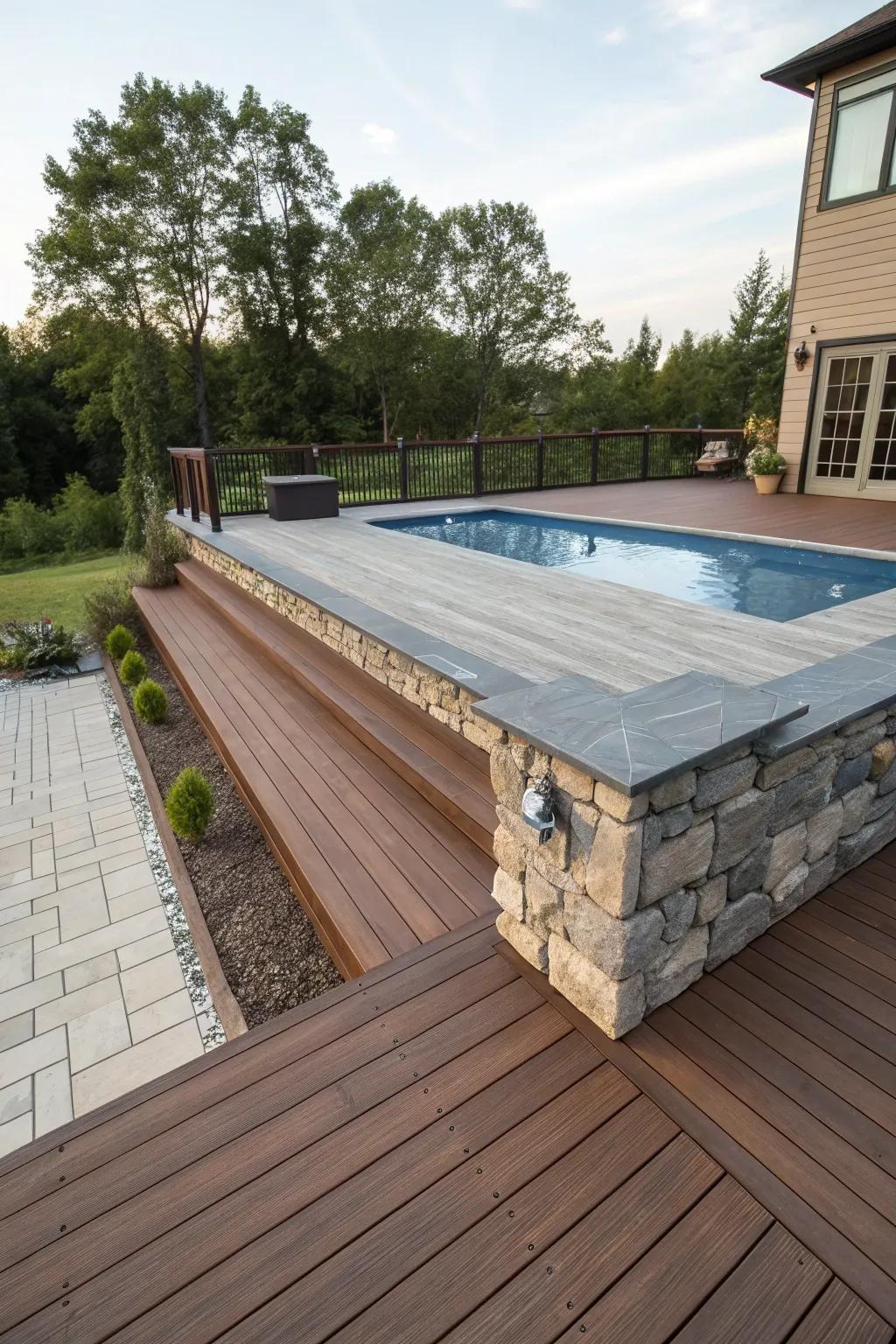 The texture and intrigue of your deck are enhanced by the blending of materials.