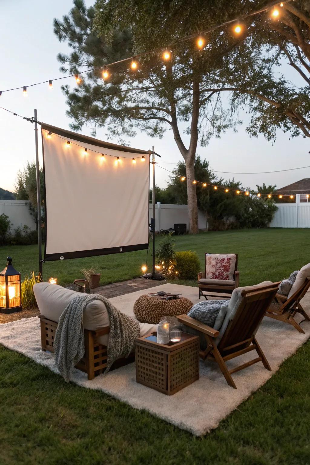 An outdoor movie monitor contributes a cinematic detail to your evening.