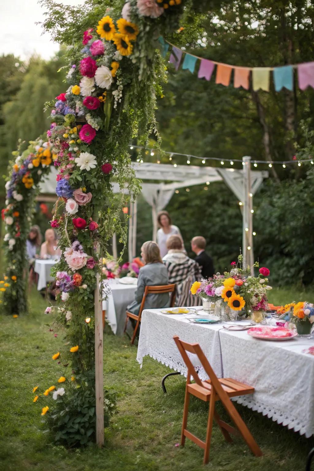 Handmade botanical chains give a countryside charm to any garden party.