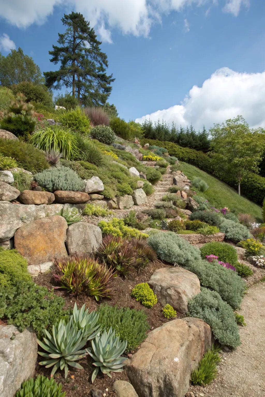 Rock gardens are an attractive way to use the hill’s natural features.