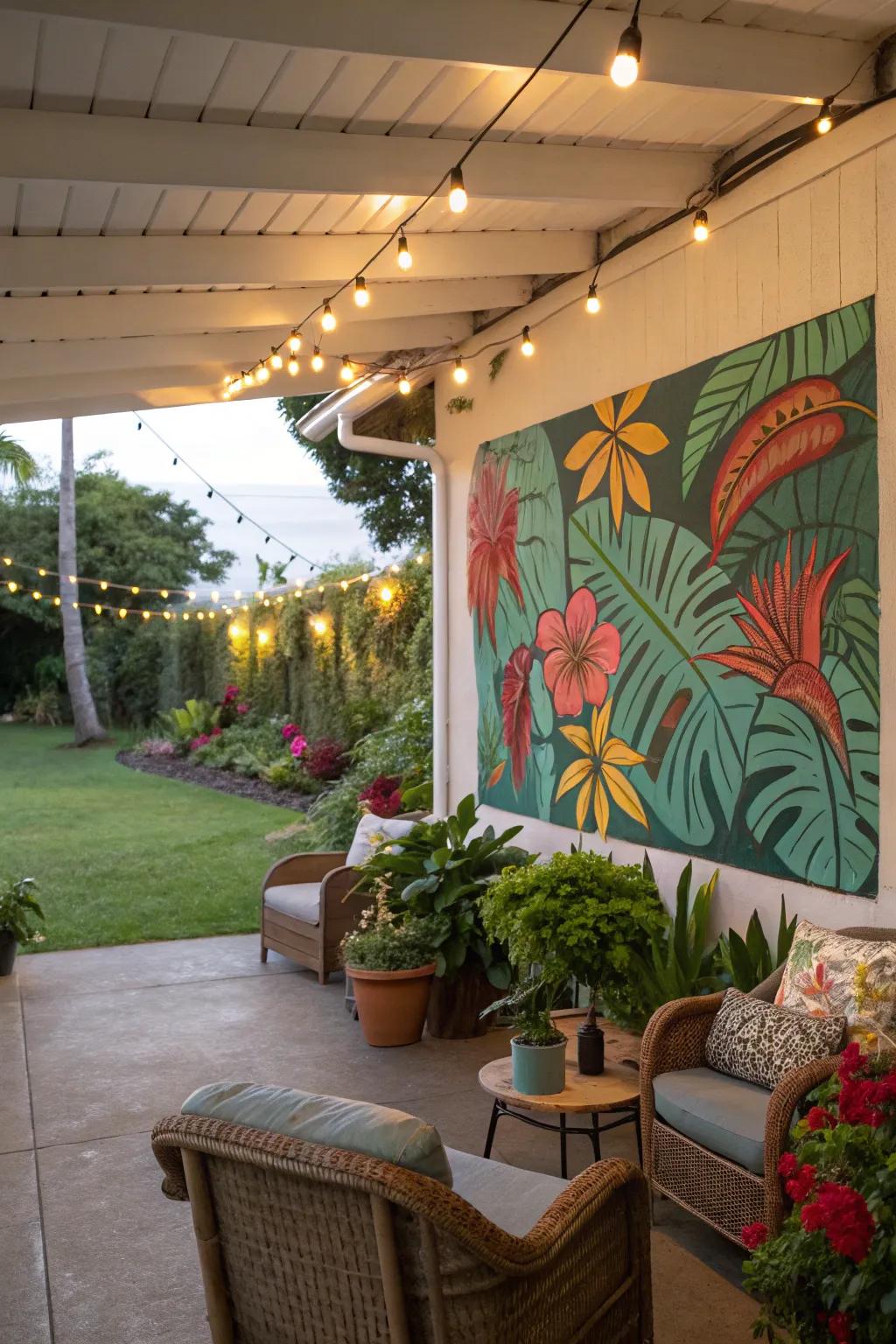 An artistic accent wall adds a splash of personality to an outdoor space.