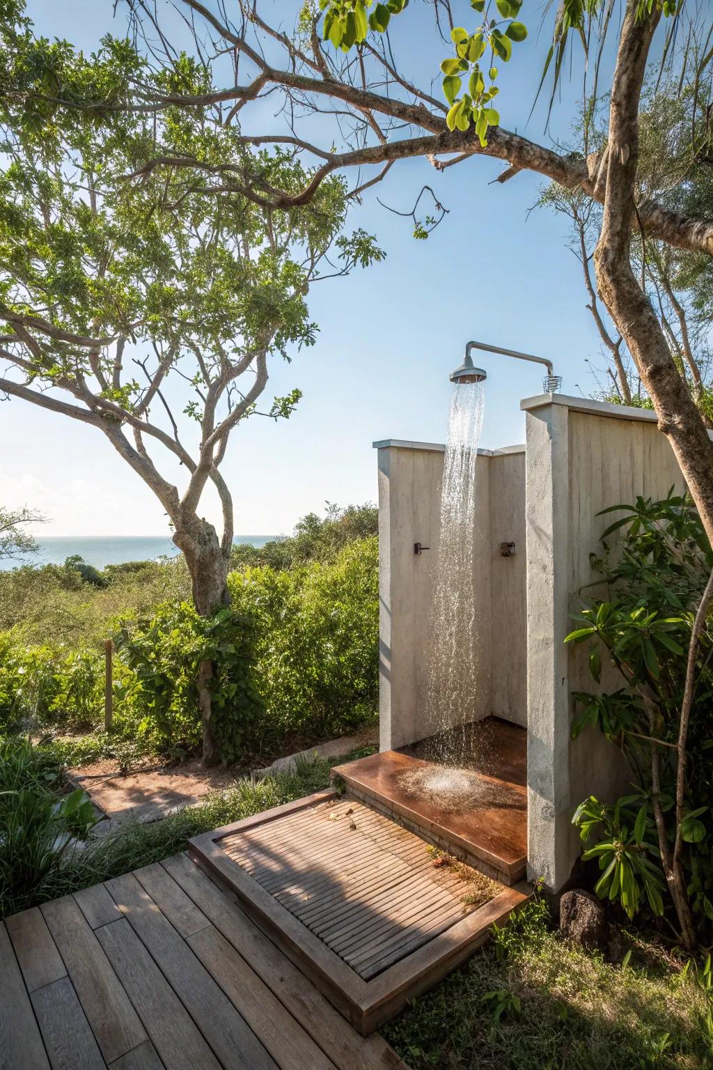 An exposed outdoor shower providing a liberating time.
