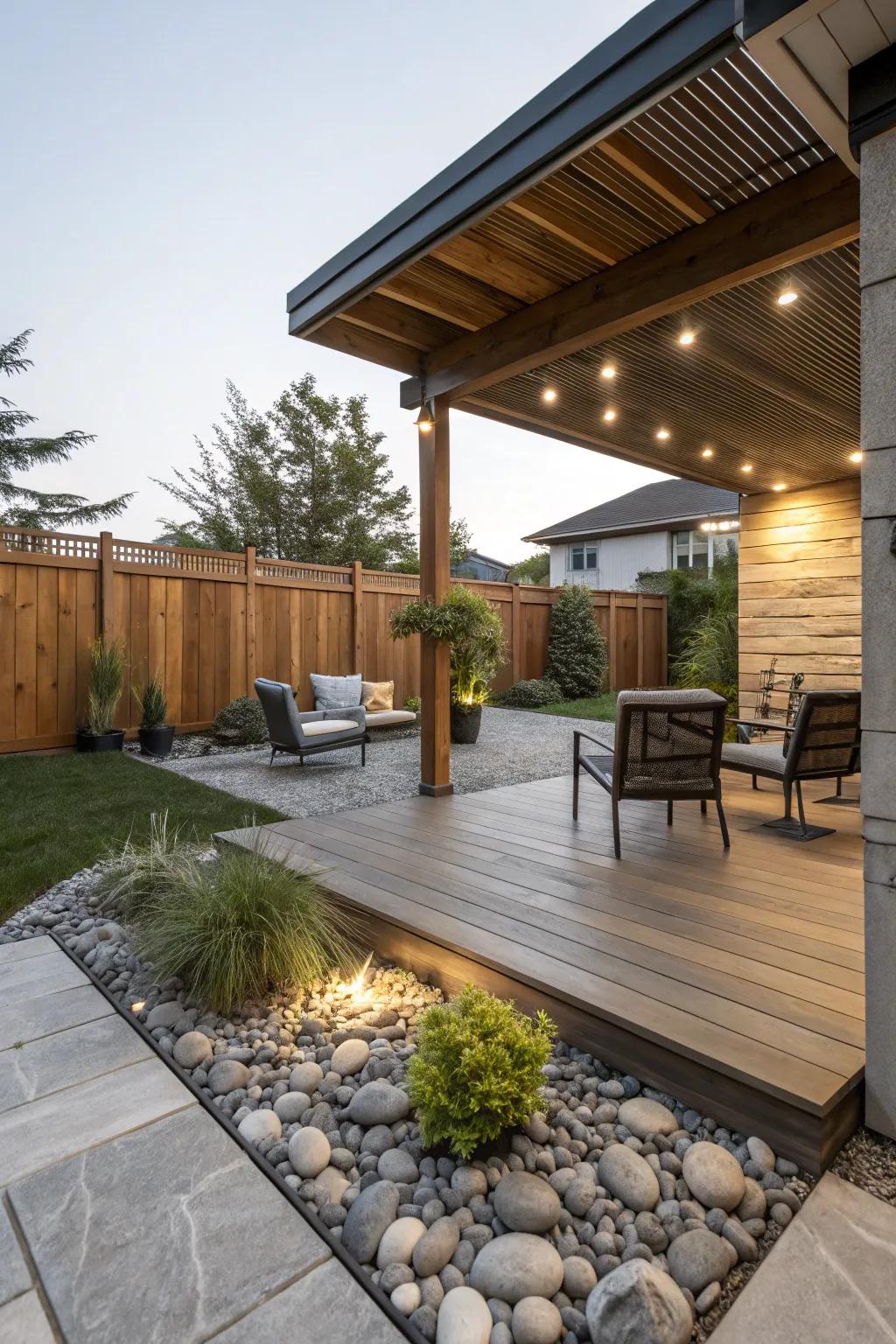 Melding materials lends depth and intrigue to your patio.