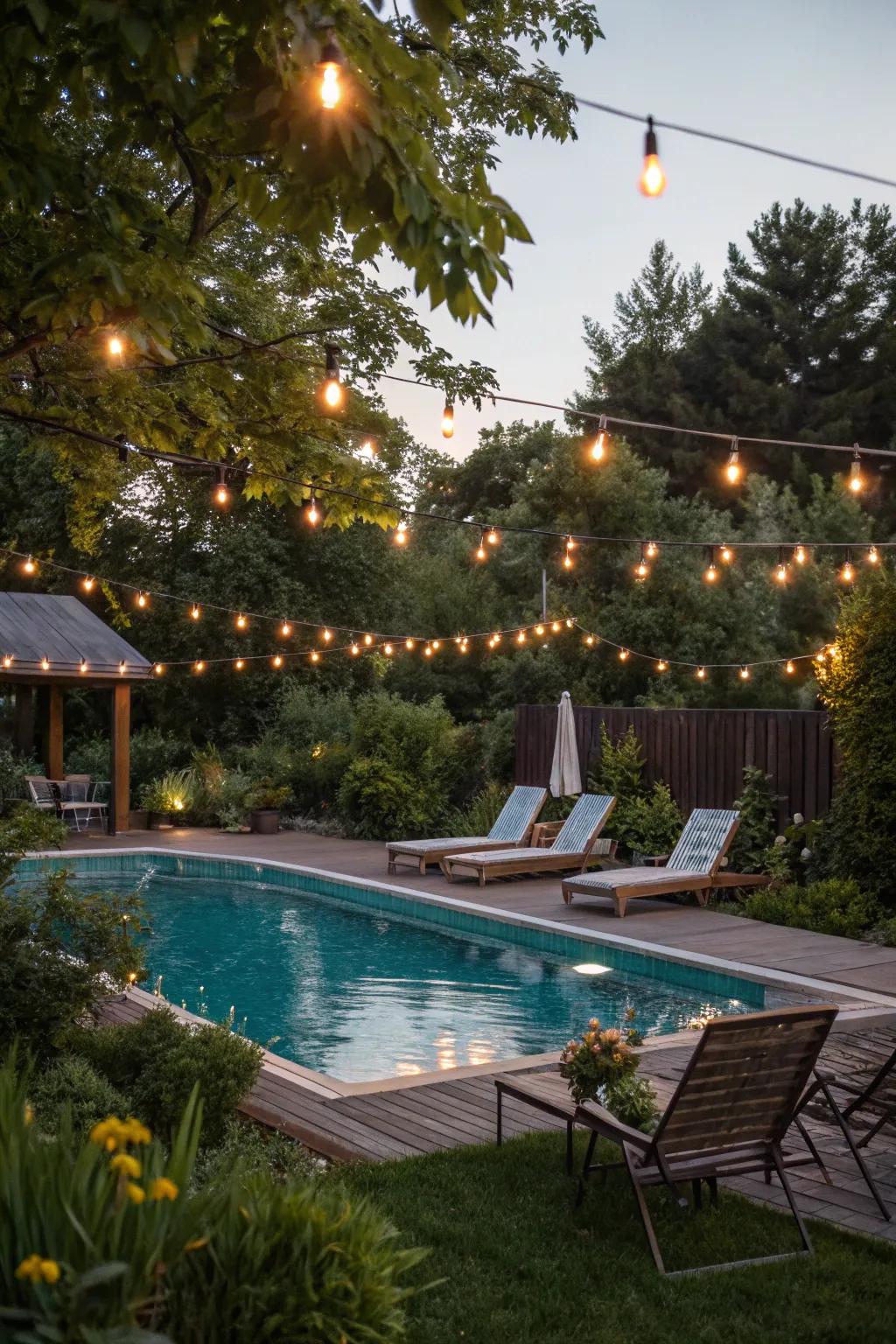 A welcoming poolside area illuminated with ambient lighting.