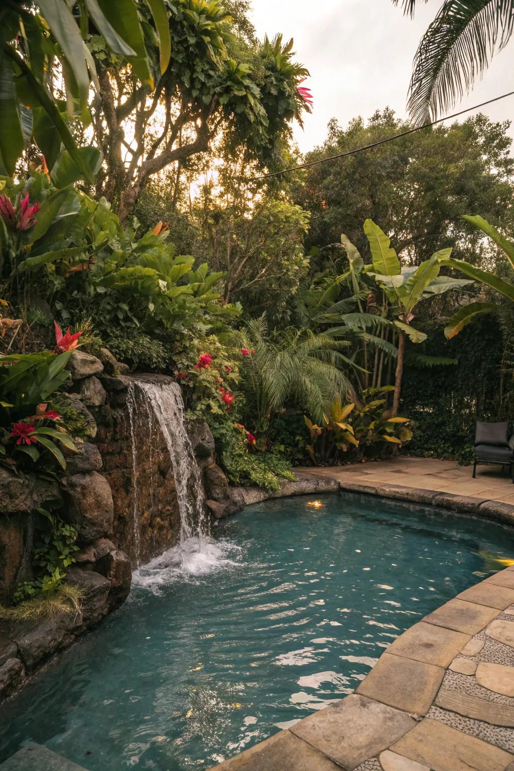 Integrating greenery around your cascade crafts a natural oasis.