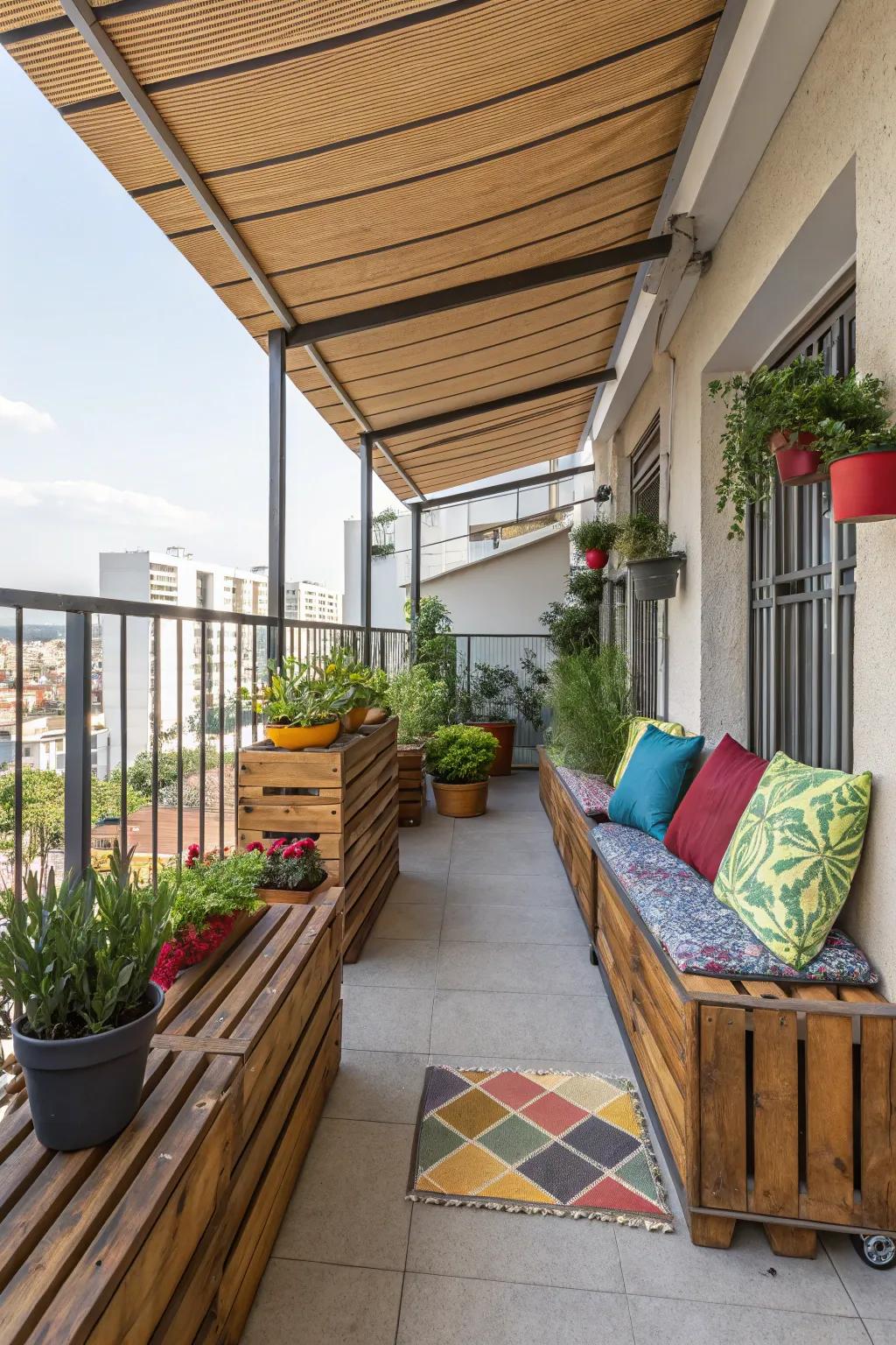 An eclectic mix of textures and colors offering shade on a balcony.
