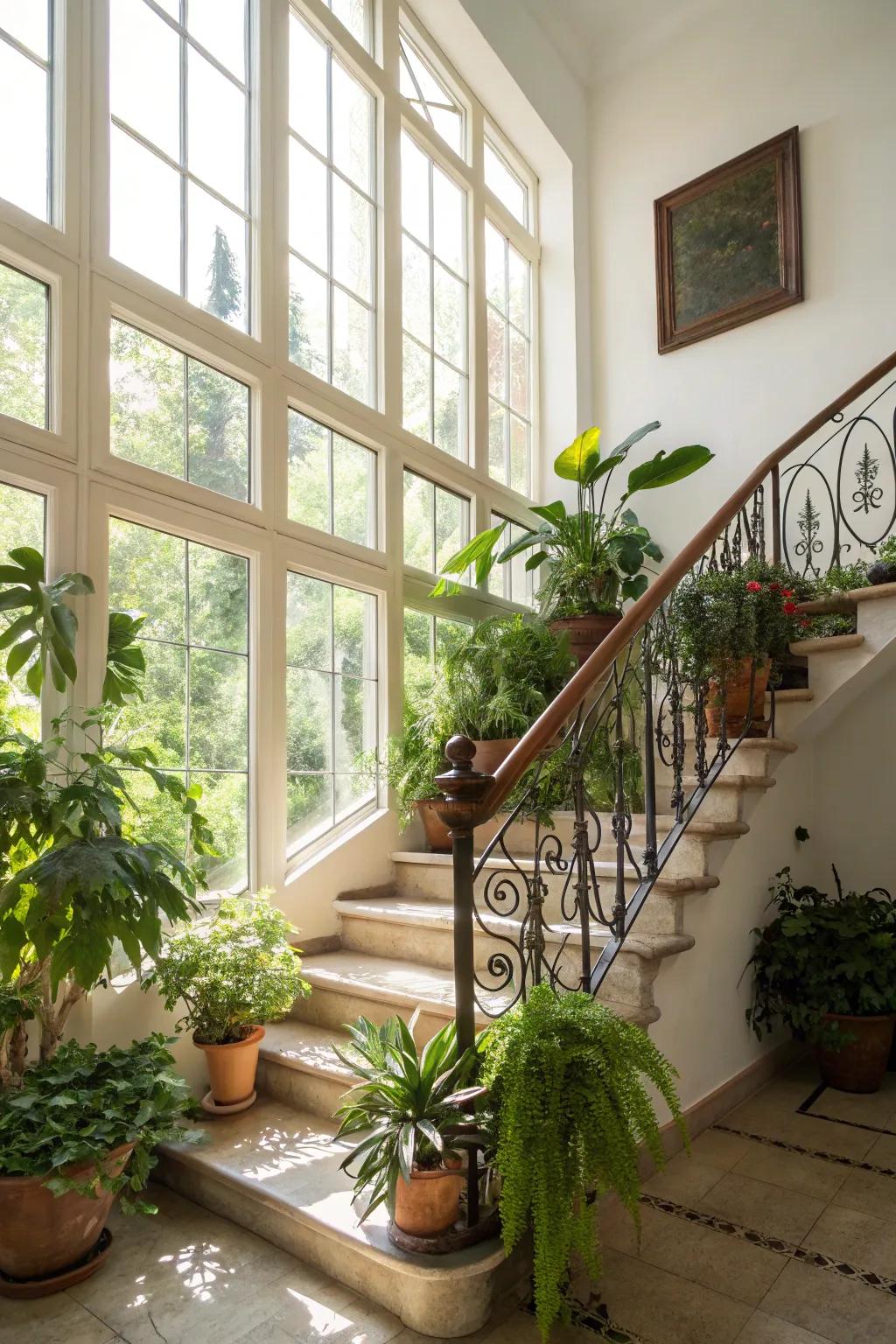 Vibrant and fresh through plants accentuating the railing.